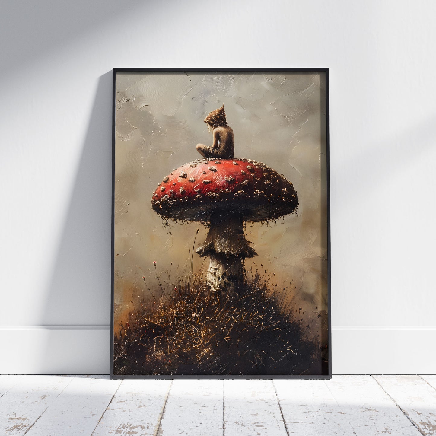 Mystical Little Druid sitting on Mushroom Painting - Cottagecore Dark Art Print