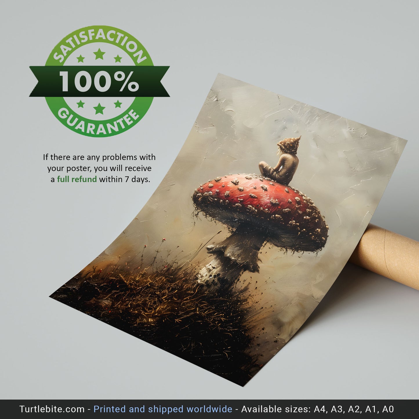 Mystical Little Druid sitting on Mushroom Painting - Cottagecore Dark Art Print