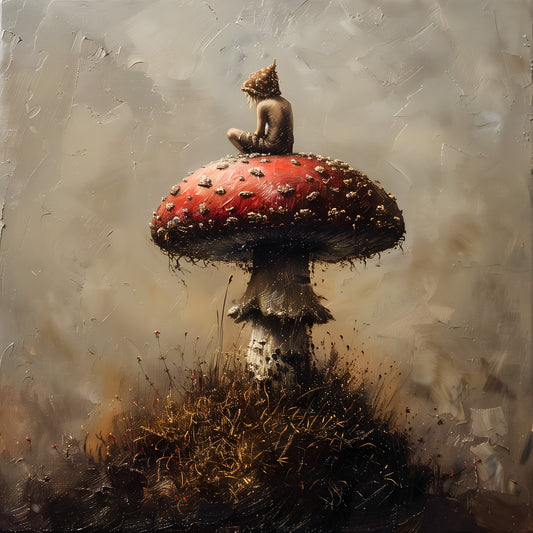 Mystical Little Druid sitting on Mushroom Painting - Cottagecore Dark Art Print