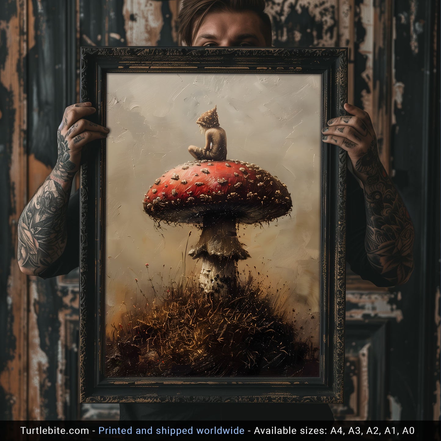 Mystical Little Druid sitting on Mushroom Painting - Cottagecore Dark Art Print