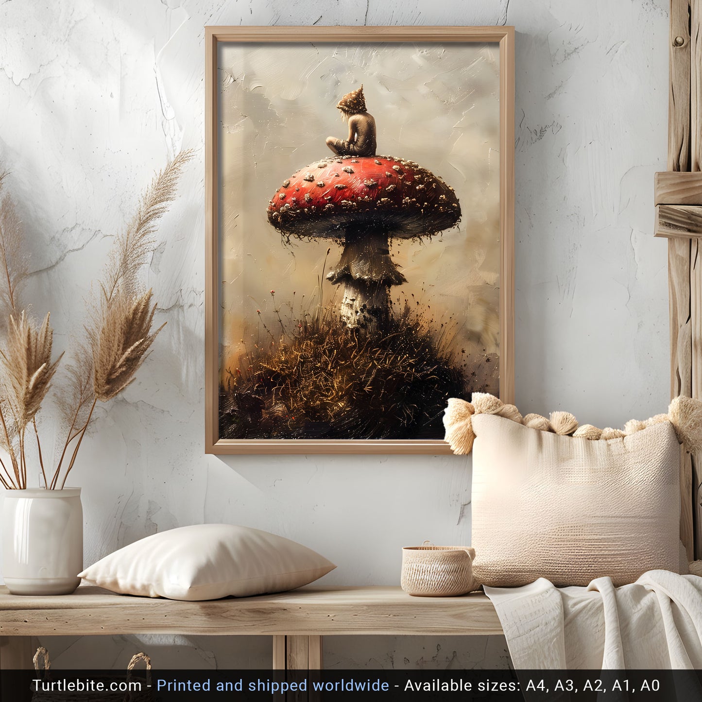 Mystical Little Druid sitting on Mushroom Painting - Cottagecore Dark Art Print