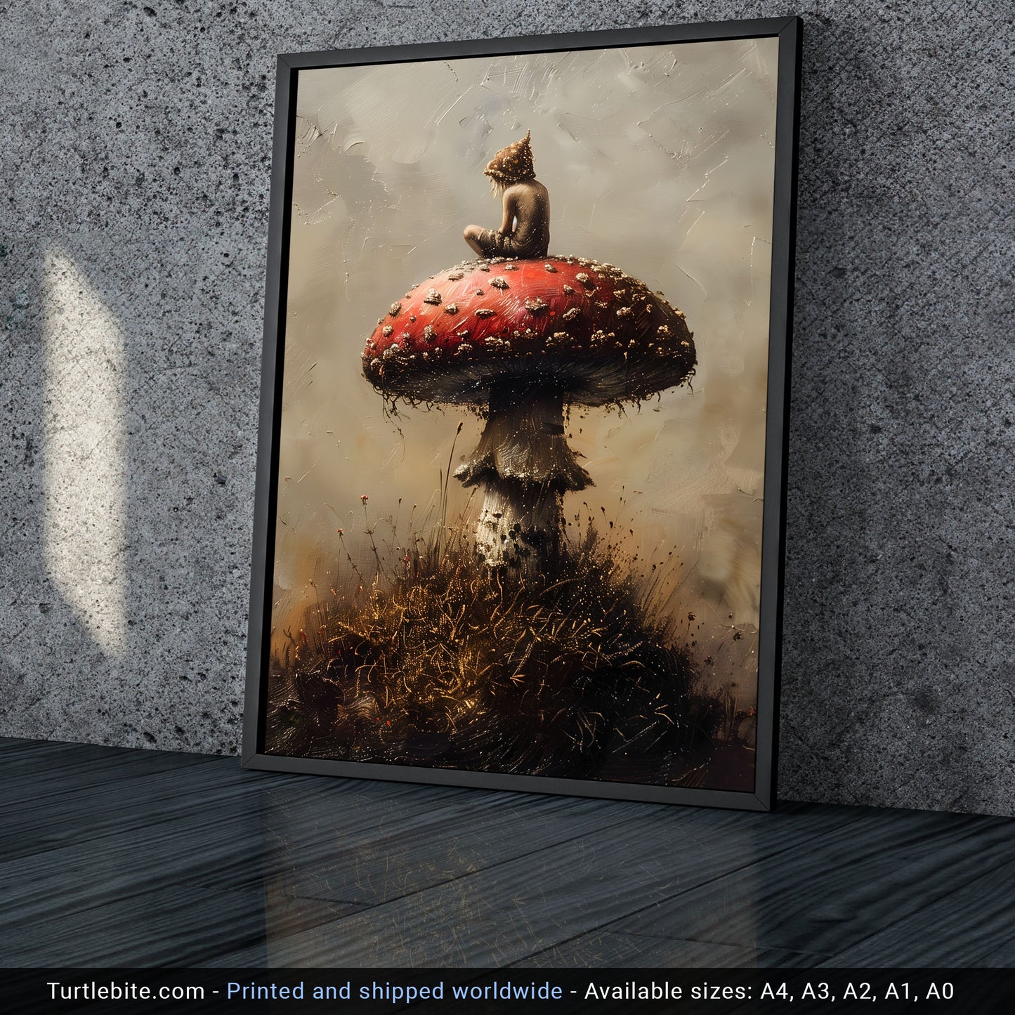 Mystical Little Druid sitting on Mushroom Painting - Cottagecore Dark Art Print