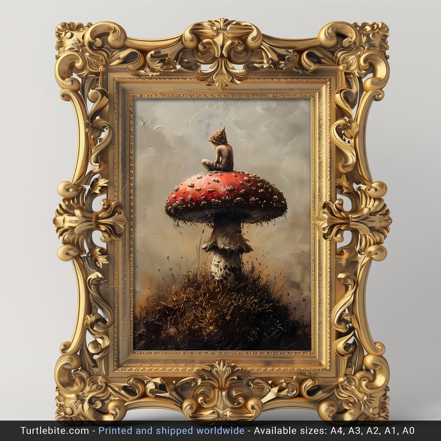 Mystical Little Druid sitting on Mushroom Painting - Cottagecore Dark Art Print