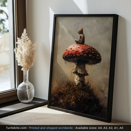 Mystical Little Druid sitting on Mushroom Painting - Cottagecore Dark Art Print