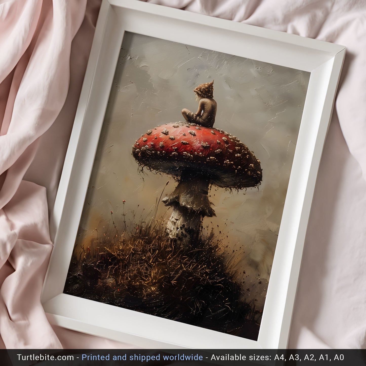 Mystical Little Druid sitting on Mushroom Painting - Cottagecore Dark Art Print