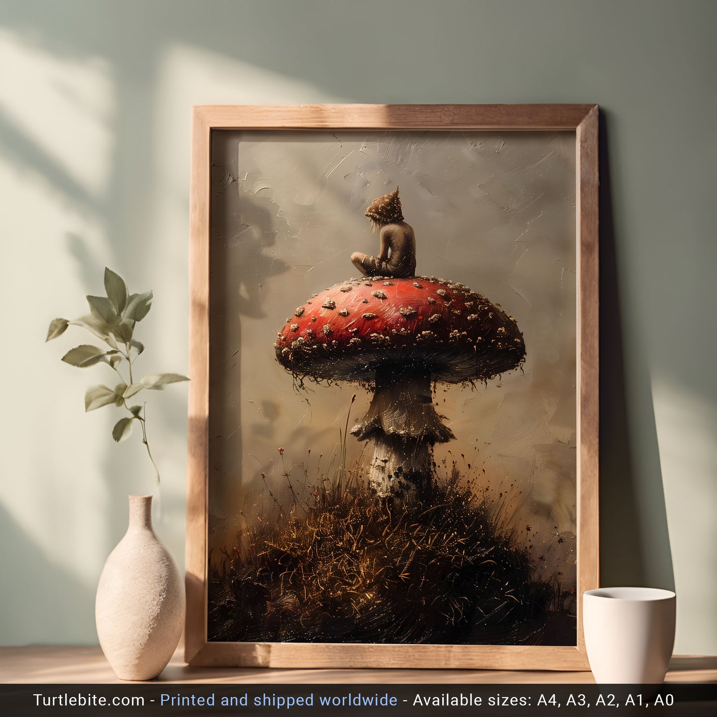 Mystical Little Druid sitting on Mushroom Painting - Cottagecore Dark Art Print