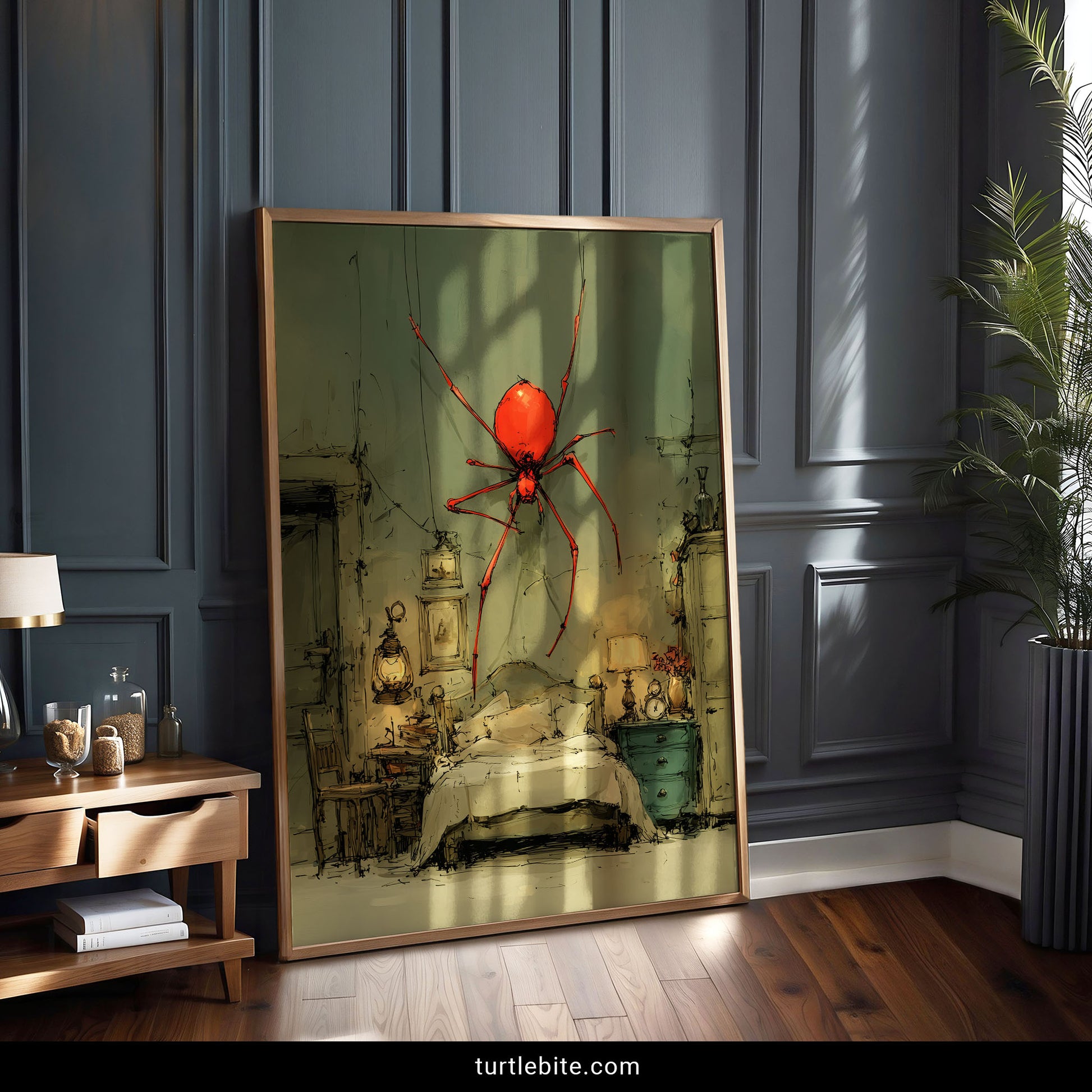 Strange wall art depicting massive red spider in sketchy painterly style above vintage bedroom furniture