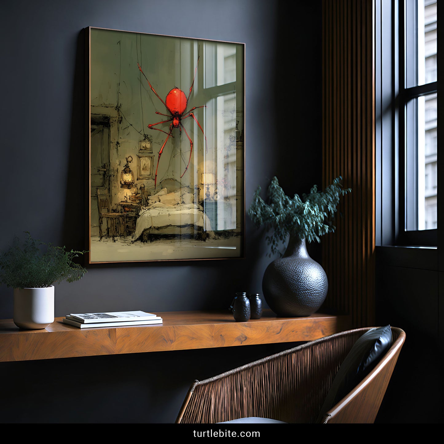 Horror poster featuring oversized red spider suspended in cozy bedroom with gothic illustration style