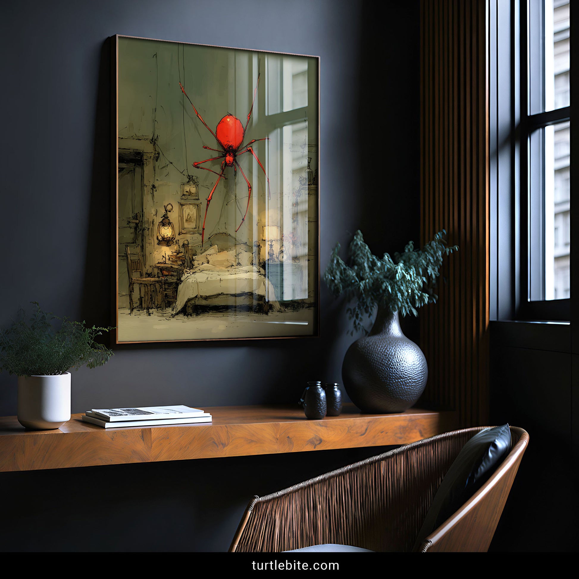 Horror poster featuring oversized red spider suspended in cozy bedroom with gothic illustration style