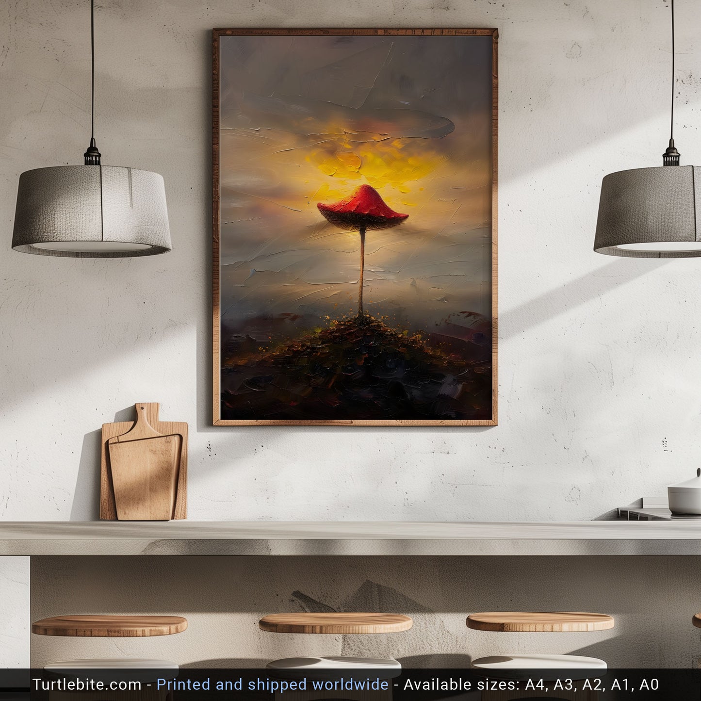 Radiant Mushroom Painting Poster - Cottagecore Dark Art Print - Botanical Wall Art - Minimalistic Home Decor