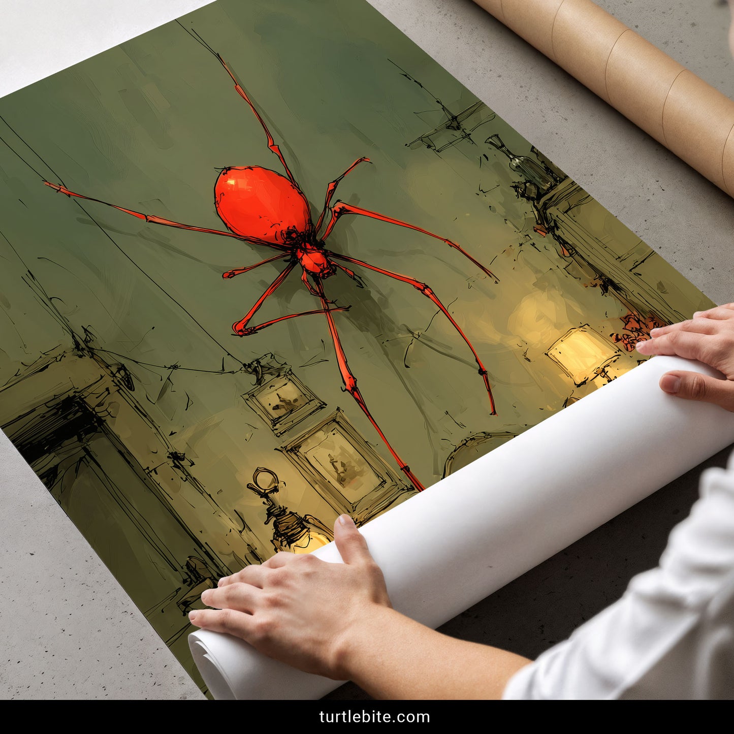 Unusual gothic artwork showing creepy red spider creature hanging from ceiling in atmospheric bedroom scene