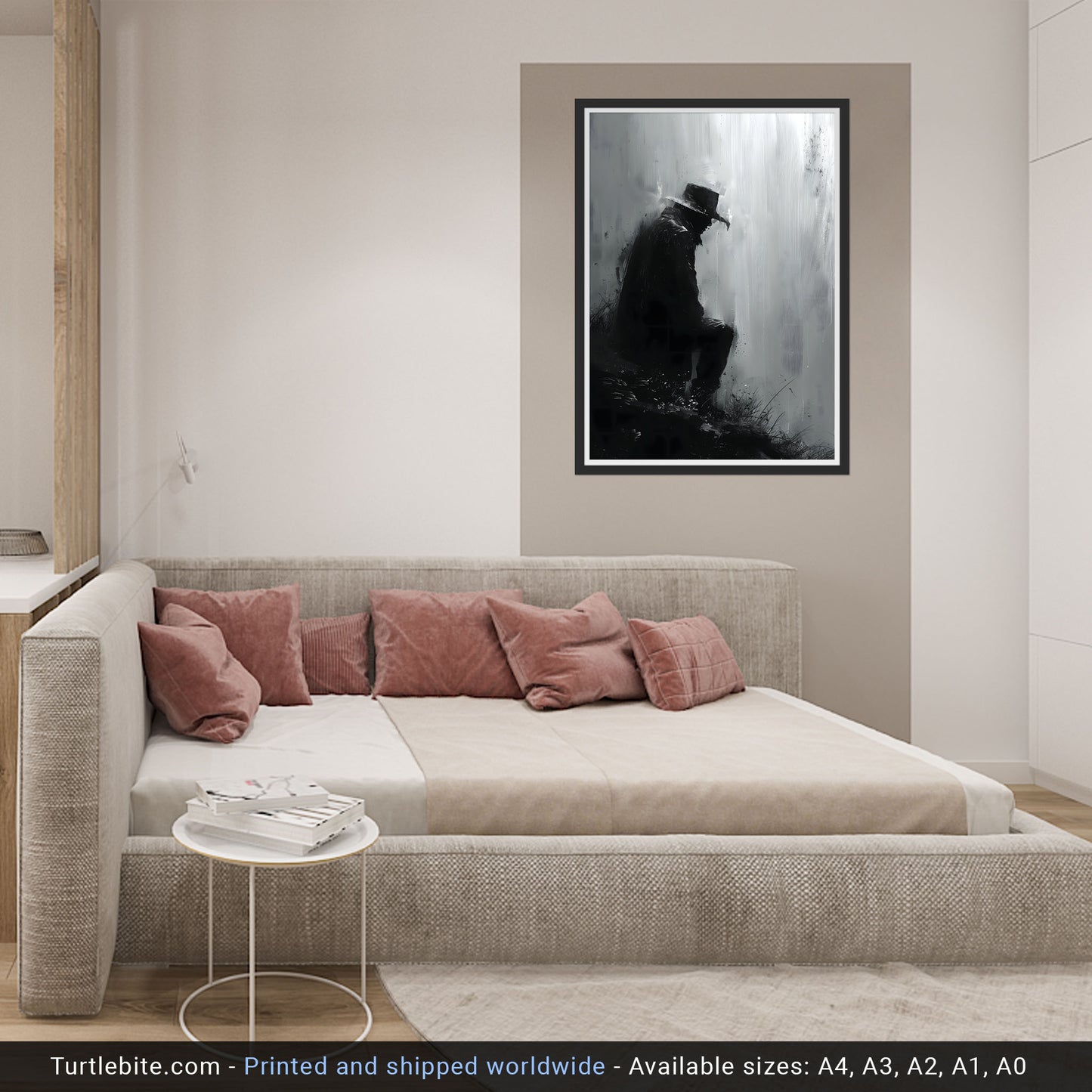 Sitting Man in Rain, Black and White Painting, Dark Academia Poster, Memento Mori Wall Art, Edgar Allan Poe inspired Print