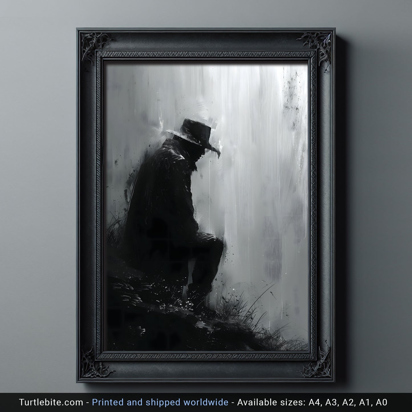 Sitting Man in Rain Poster, Black and White Painting Print