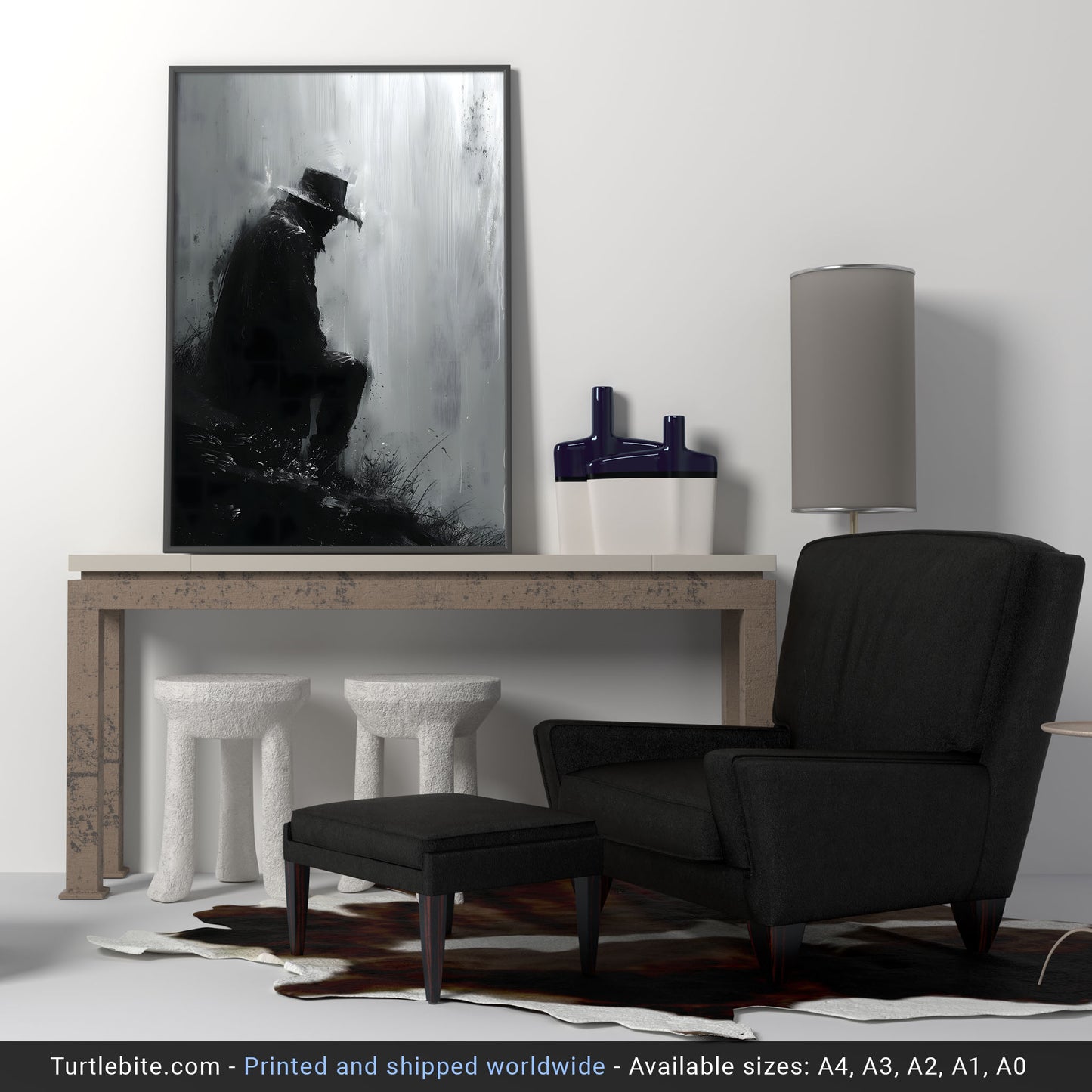 Sitting Man in Rain, Black and White Painting, Dark Academia Poster, Memento Mori Wall Art, Edgar Allan Poe inspired Print