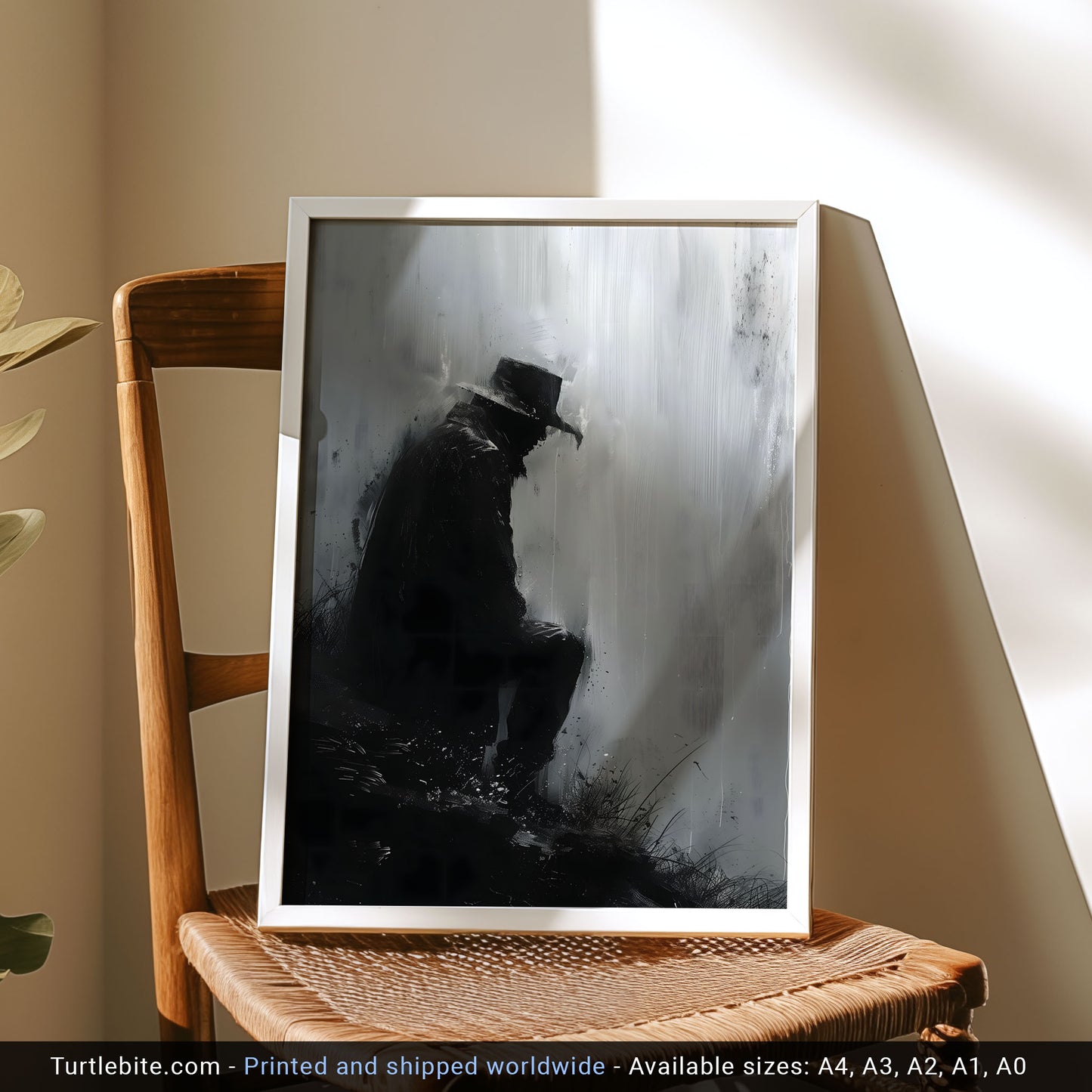 Sitting Man in Rain Poster, Black and White Painting Print