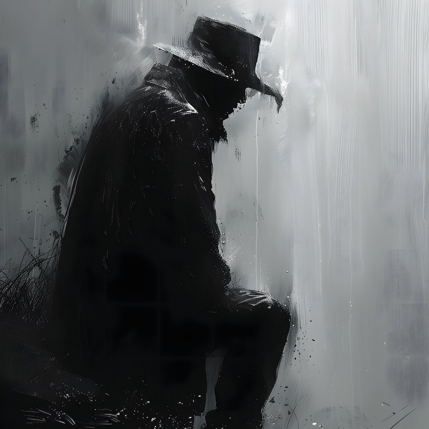 Sitting Man in Rain Poster, Black and White Painting Print