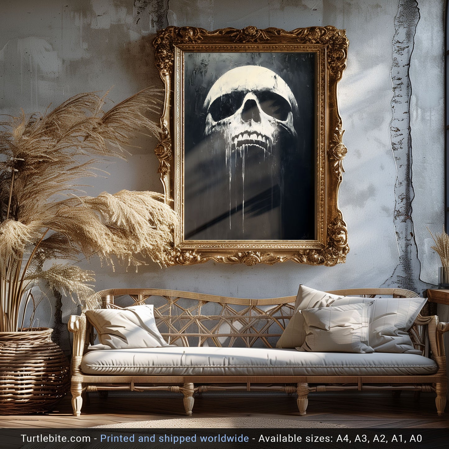 Skull Wall Art | Whimsical Art Prints | Spooky Gifts | Black and White Poster | Large Gothic Painting