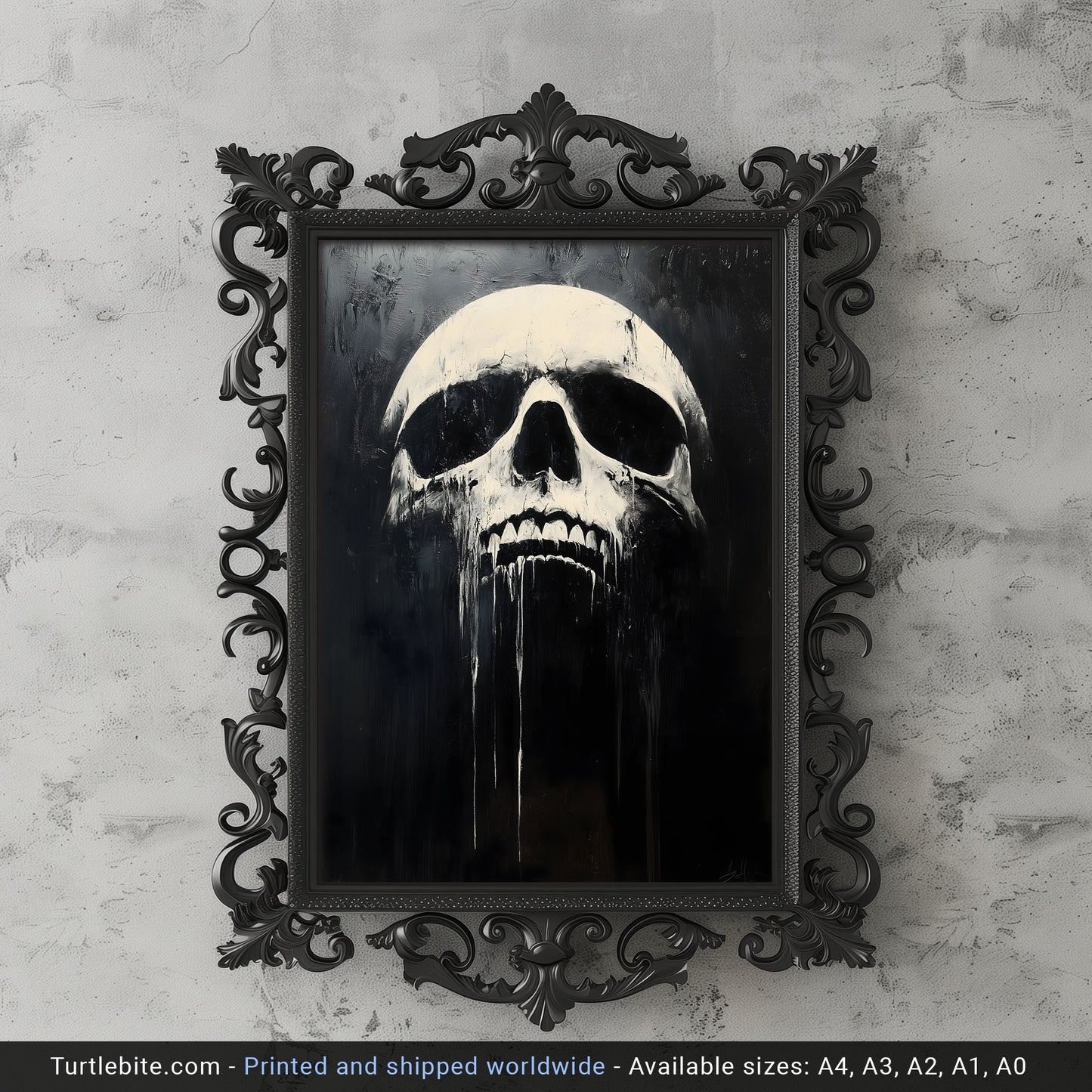 Skull Wall Art | Whimsical Art Prints | Spooky Gifts | Black and White Poster | Large Gothic Painting