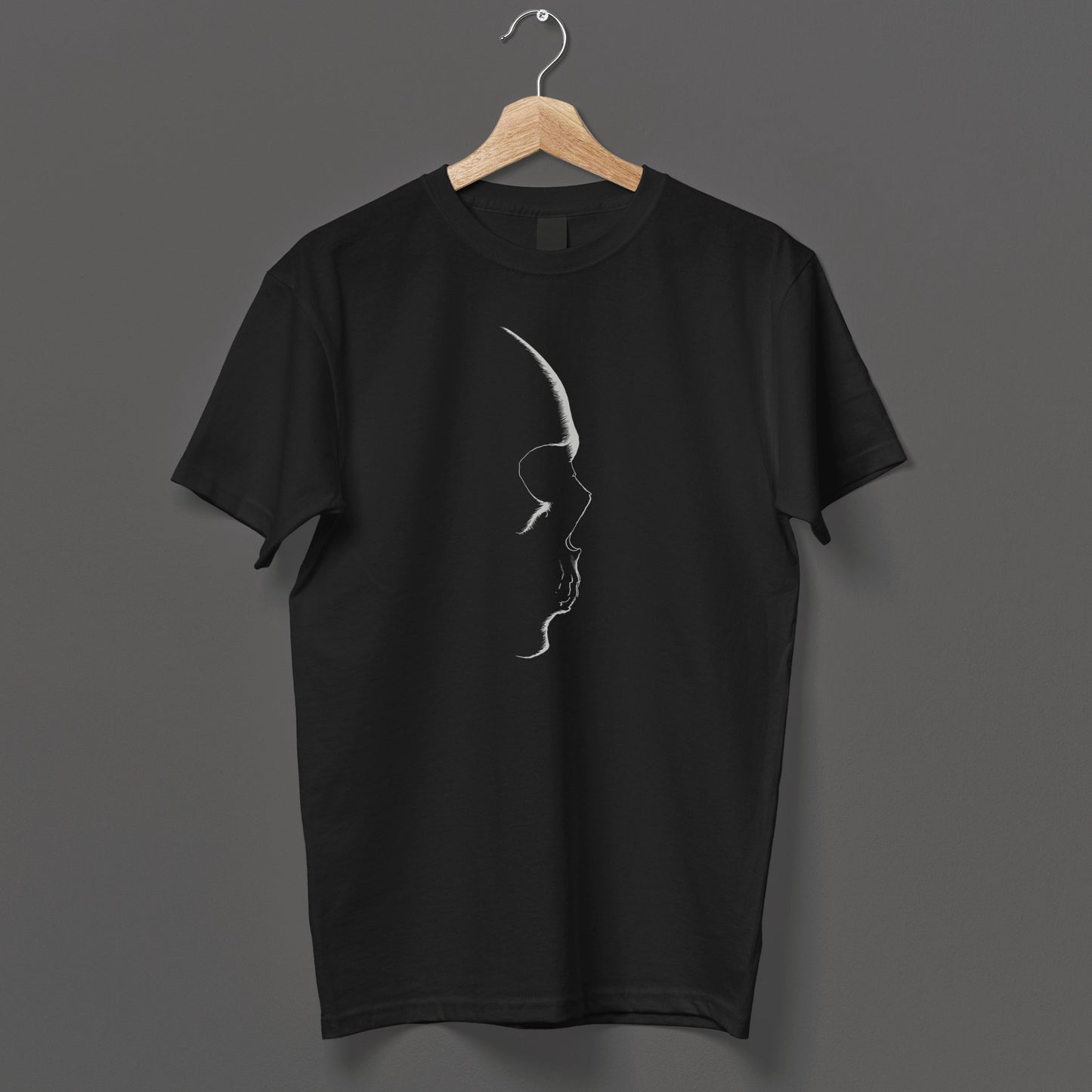 Minimalist skeleton profile design on premium black t-shirt