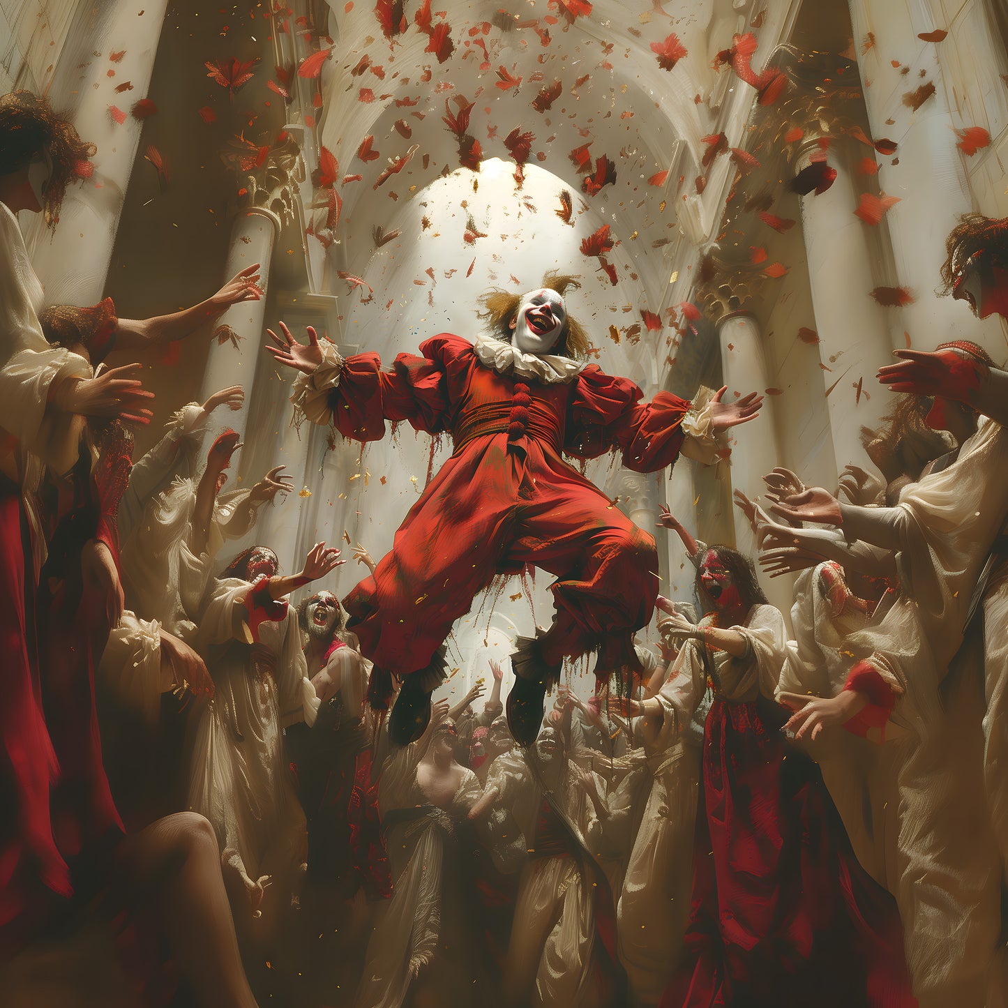 Spooky Painting of Flying Clown in the Crowd - Creepy Aesthetic Wall Art