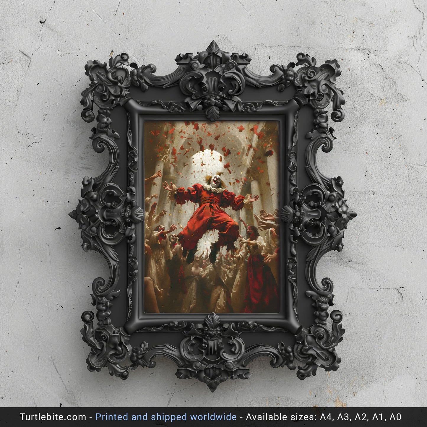 Spooky Painting of Flying Clown in the Crowd - Creepy Aesthetic Wall Art