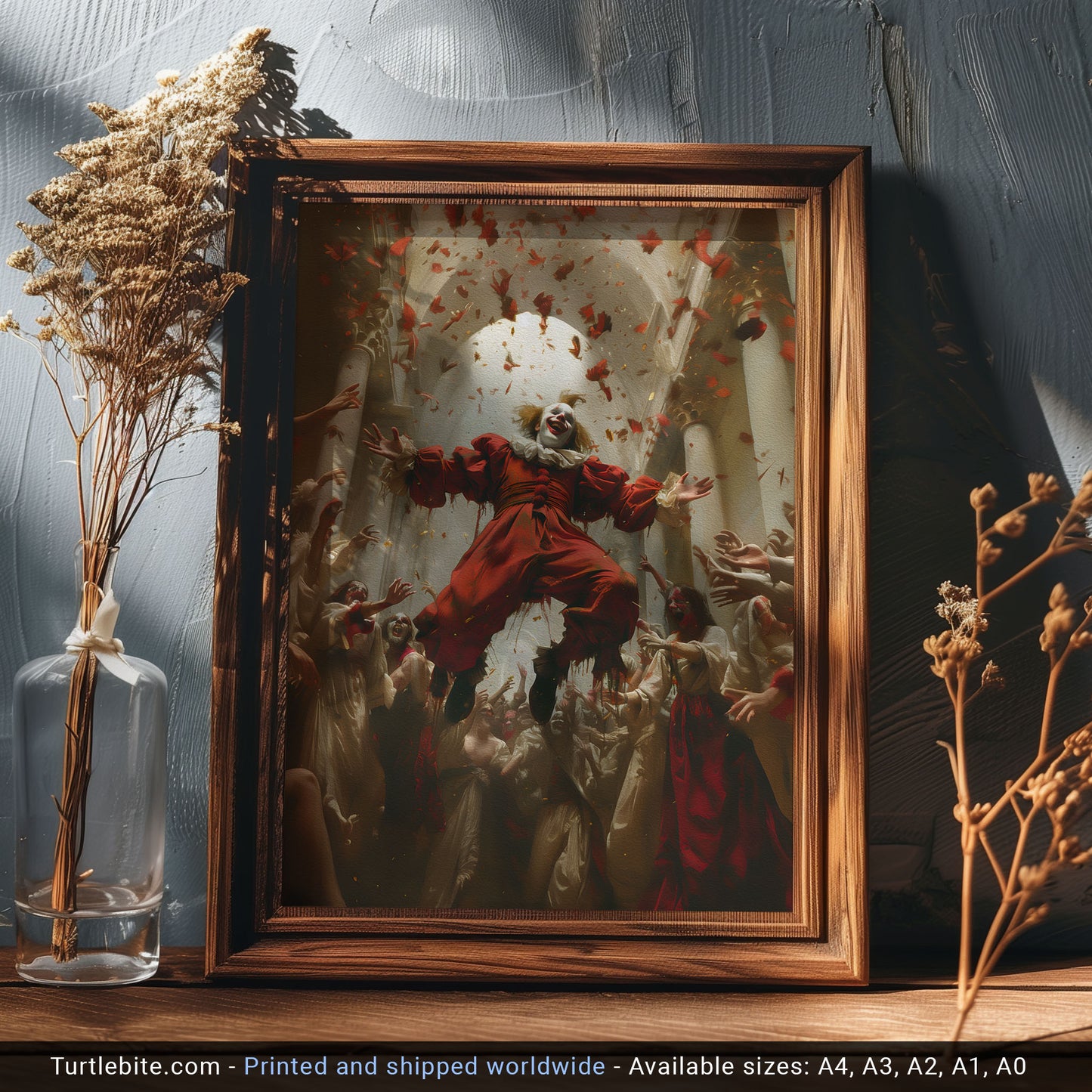 Spooky Painting of Flying Clown in the Crowd - Creepy Aesthetic Wall Art