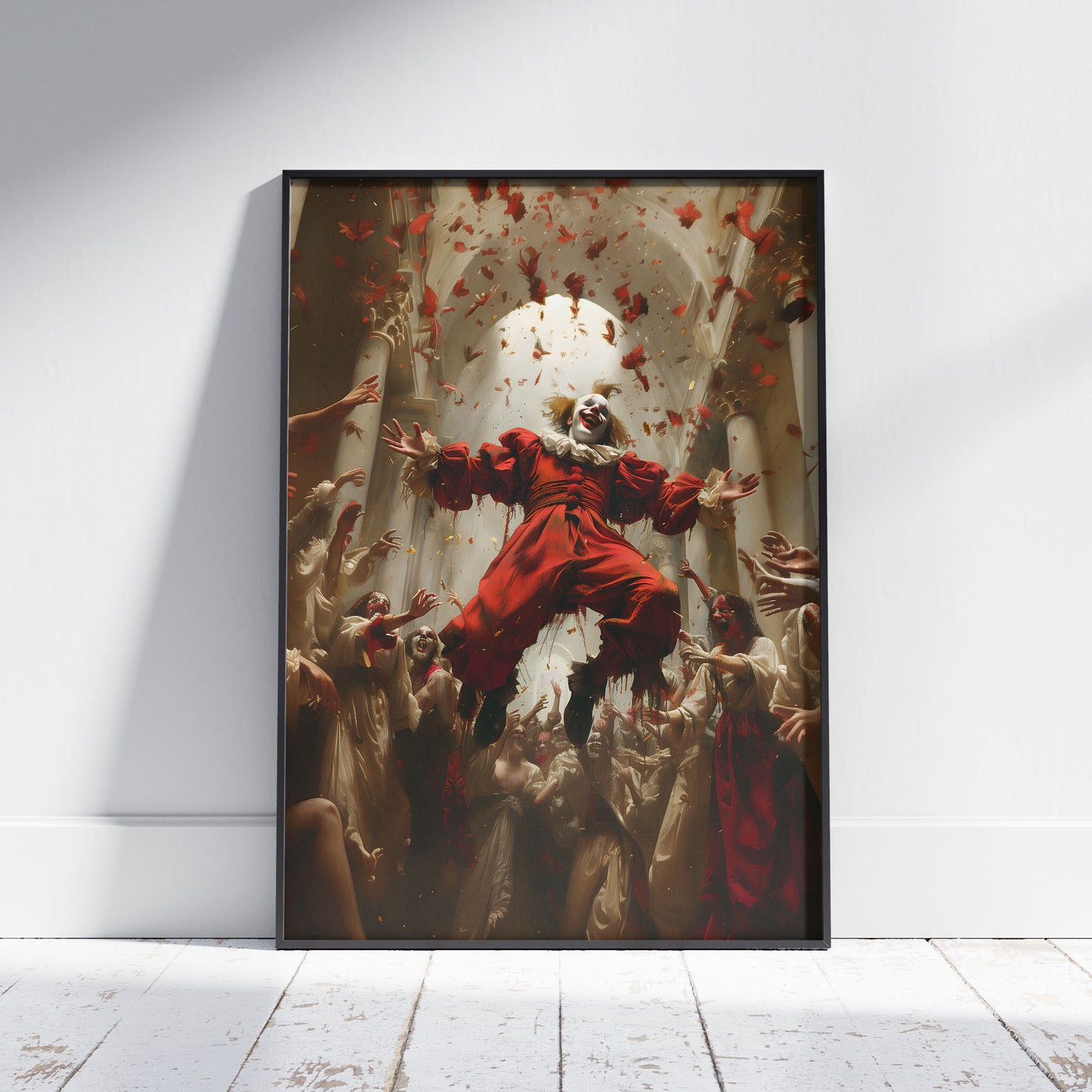 Spooky Painting of Flying Clown in the Crowd - Creepy Aesthetic Wall Art