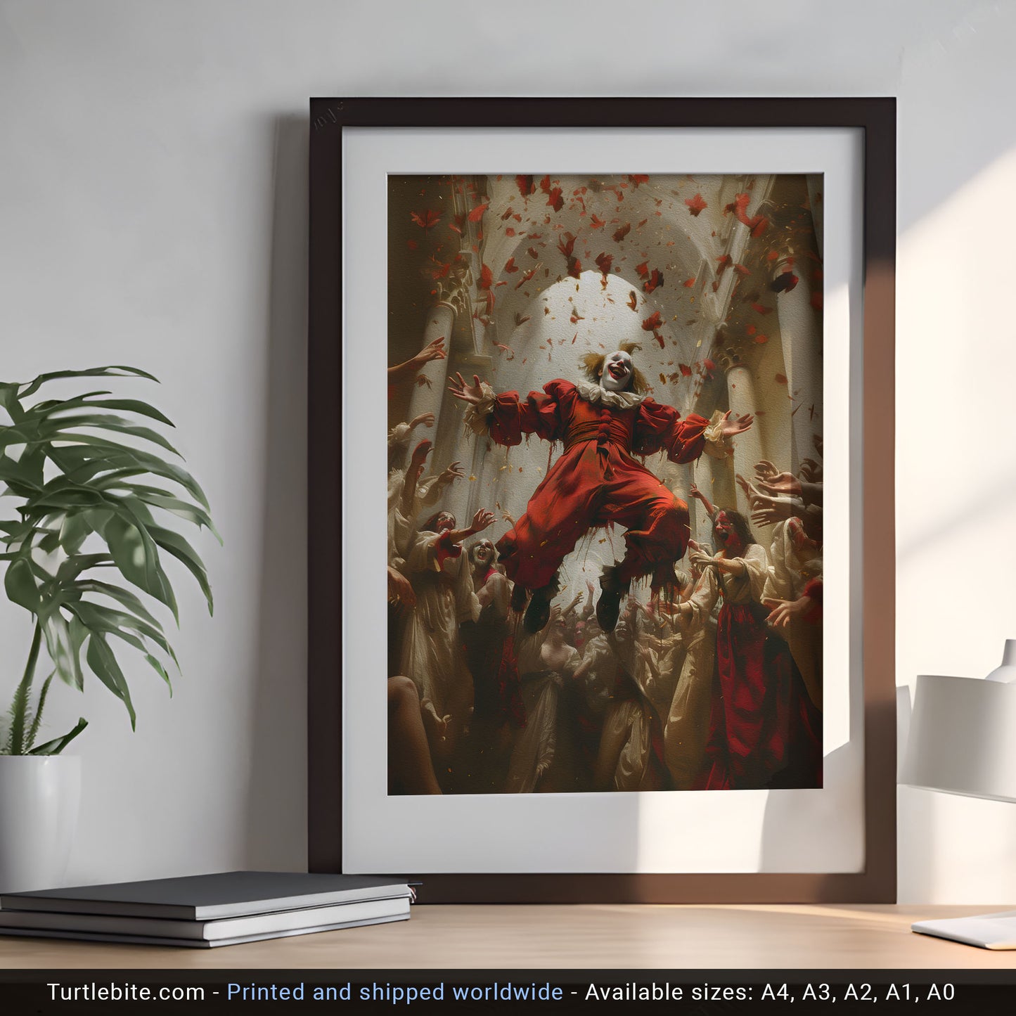 Spooky Painting of Flying Clown in the Crowd - Creepy Aesthetic Wall Art