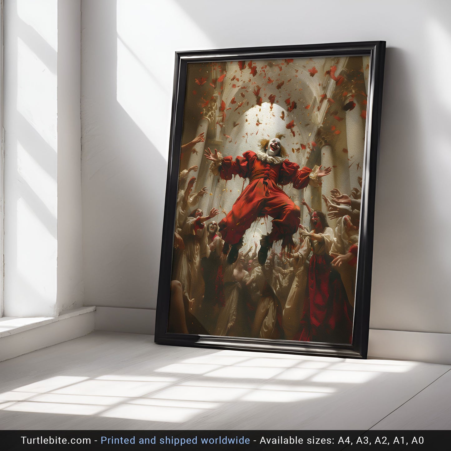 Spooky Painting of Flying Clown in the Crowd - Creepy Aesthetic Wall Art