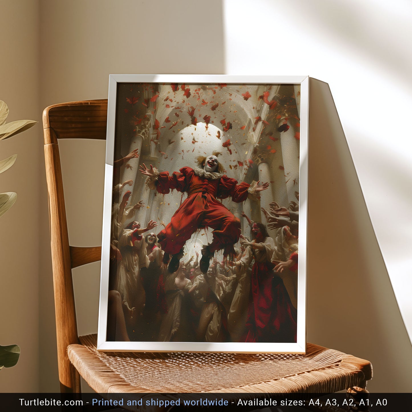 Spooky Painting of Flying Clown in the Crowd - Creepy Aesthetic Wall Art