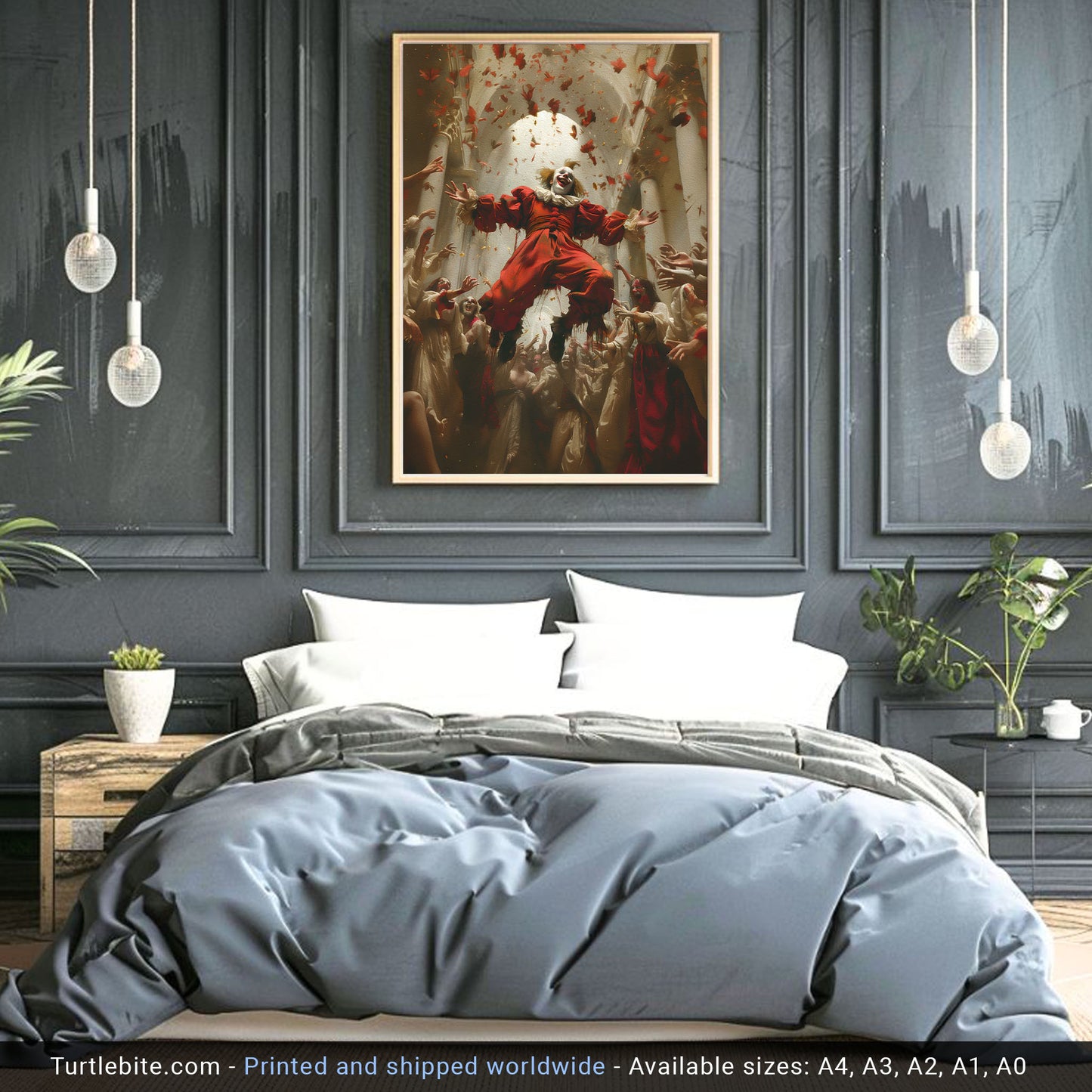 Spooky Painting of Flying Clown in the Crowd - Creepy Aesthetic Wall Art