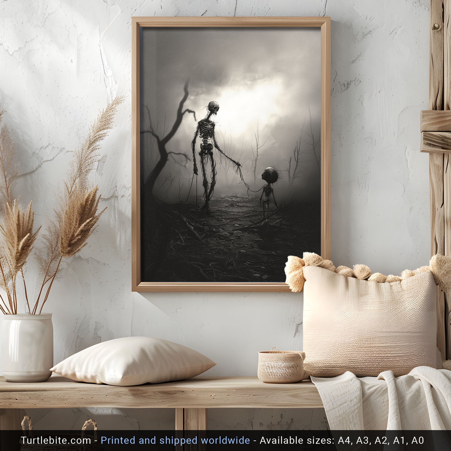 Spooky Walking the Kid Poster - Skeletal Dark Wall Art - Skull Print - Gothic Wall Decor