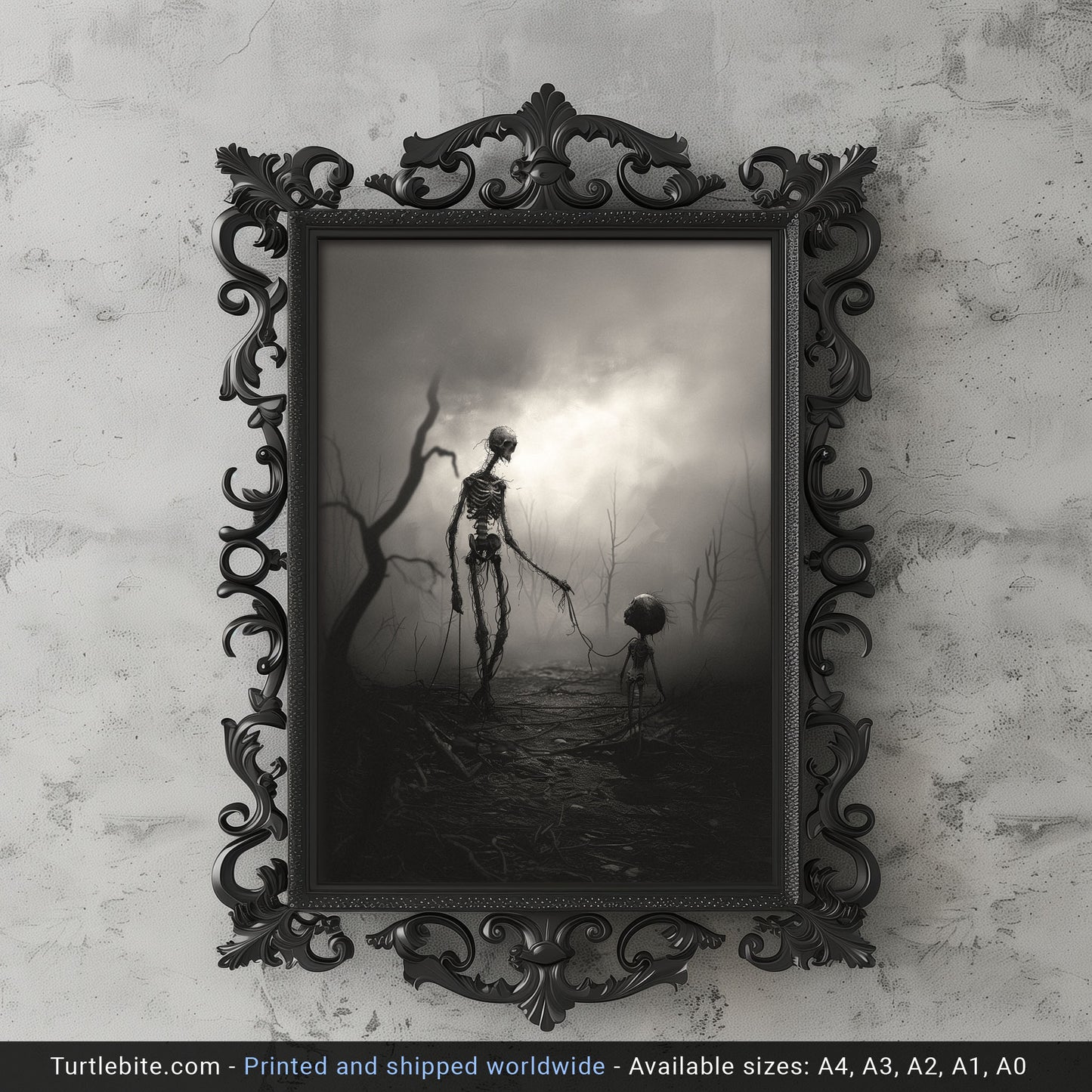 Spooky Walking the Kid Poster - Skeletal Dark Wall Art - Skull Print - Gothic Wall Decor