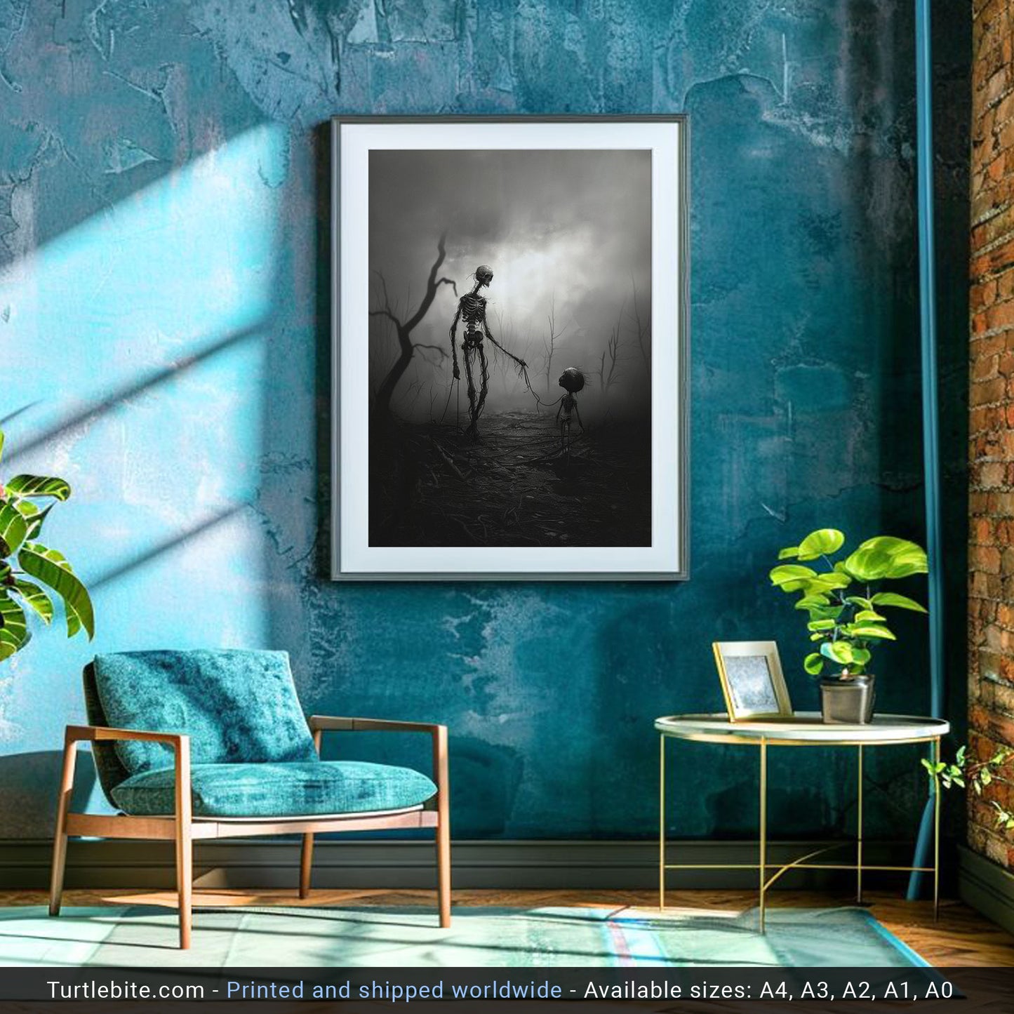 Spooky Walking the Kid Poster - Skeletal Dark Wall Art - Skull Print - Gothic Wall Decor