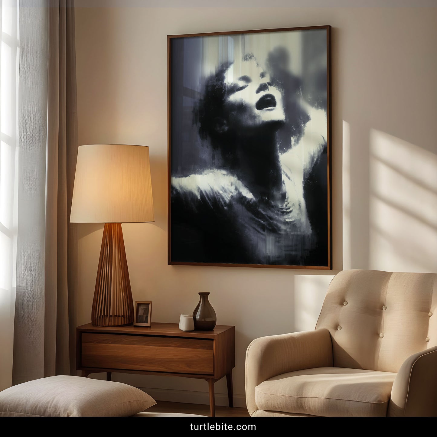 Abstract horror poster showing ghostly female face of vintage film star in monochromatic disturbing nightmare style