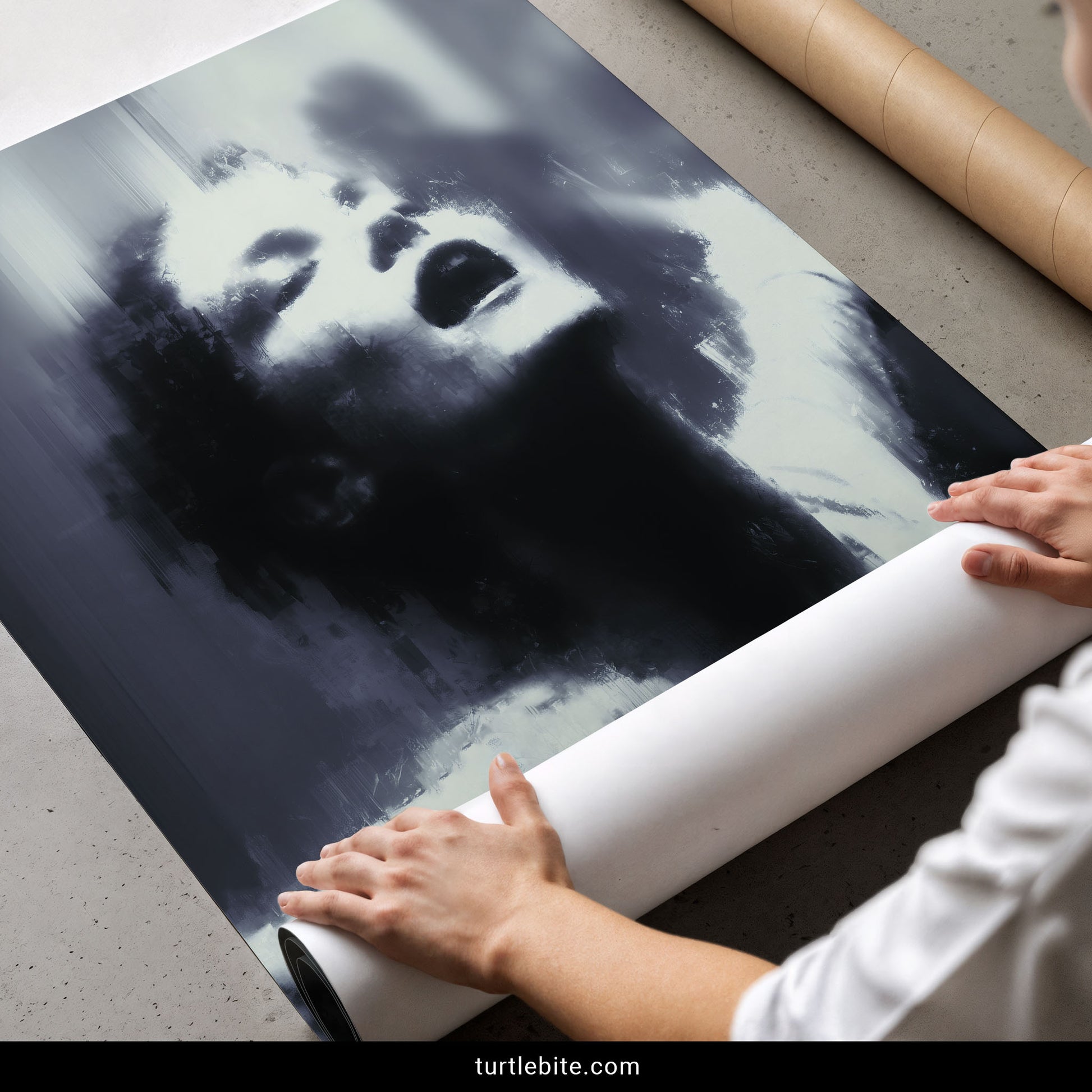 Gothic horror art featuring abstract female dancer face in unsettling vintage Hollywood style with dark textures