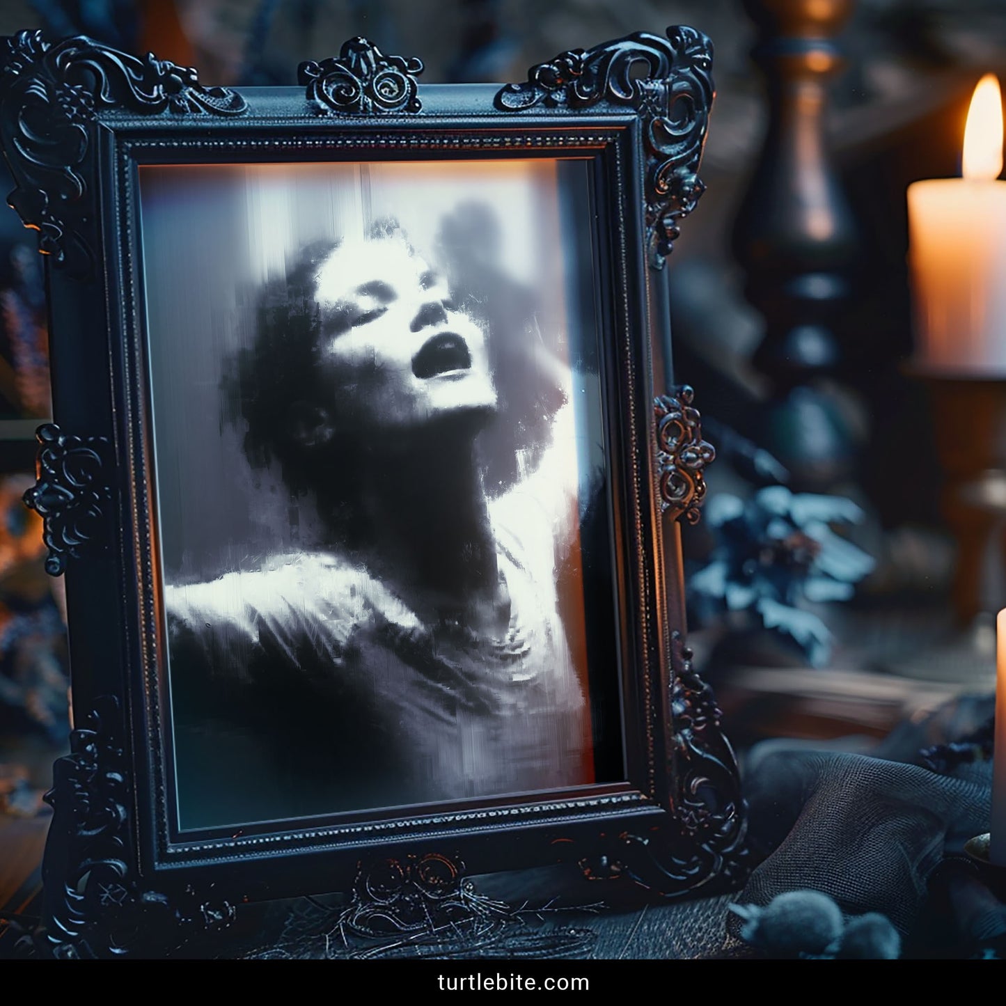 Dark surreal wall art with blurred dancing woman portrait in eerie rain-soaked painting style for gothic decor