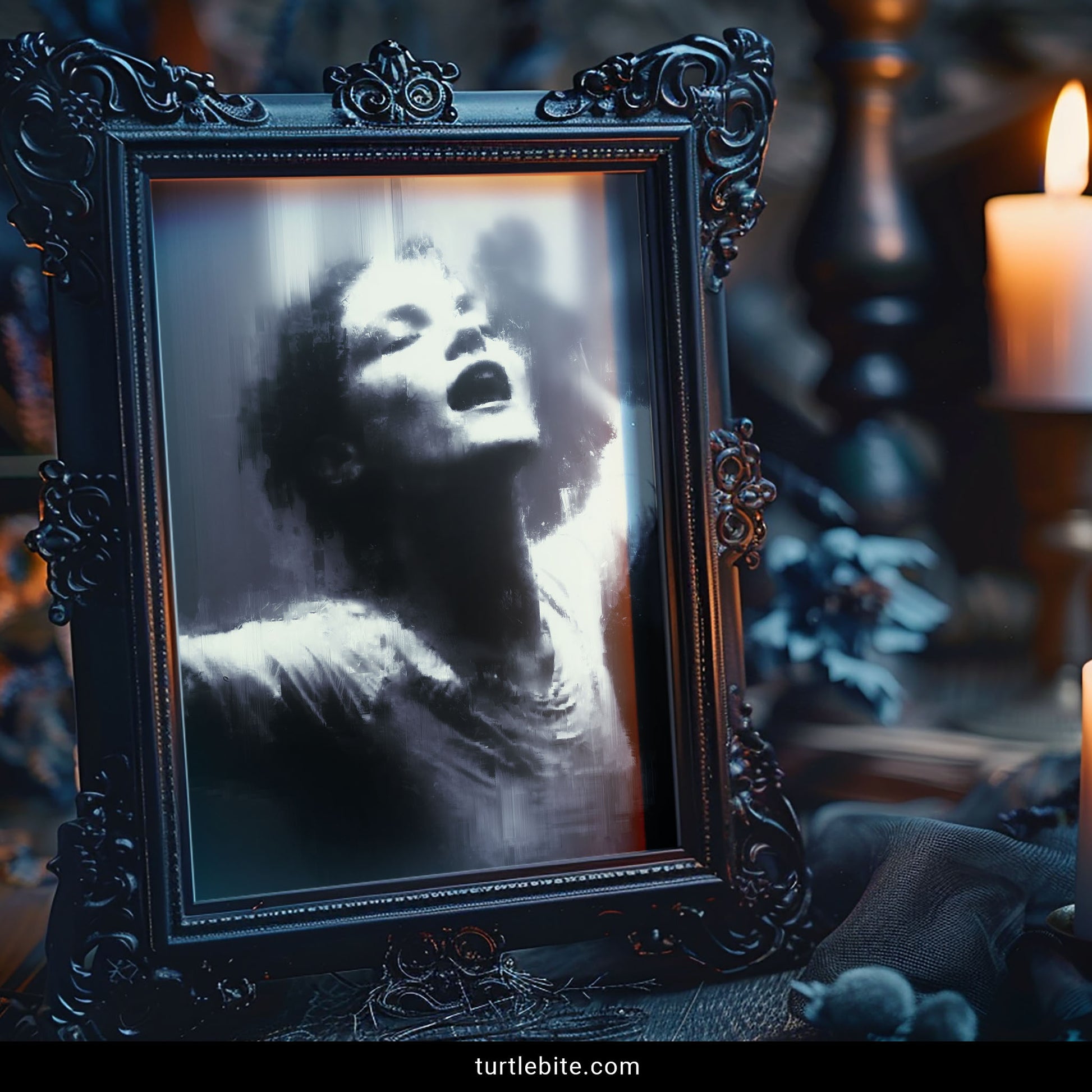 Dark surreal wall art with blurred dancing woman portrait in eerie rain-soaked painting style for gothic decor