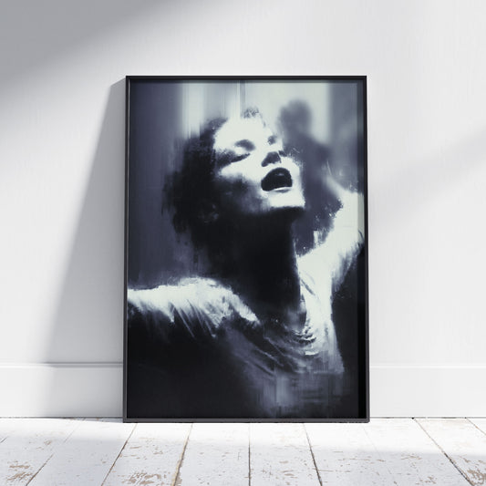 Surreal art print featuring haunting woman dancing in rain with distorted movie star aesthetic and dark gothic horror atmosphere