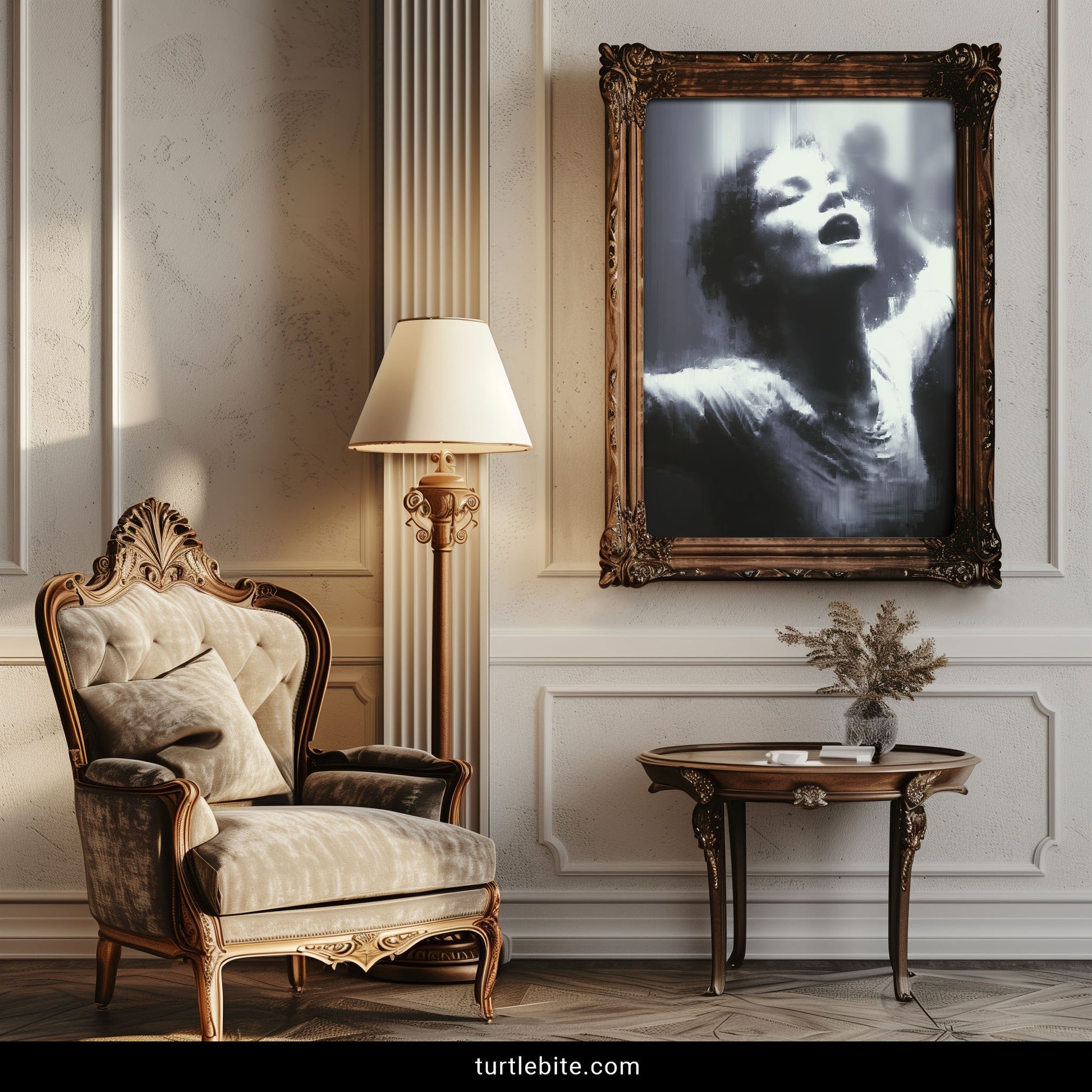 Moody surrealism art print displaying mysterious movie star face with glitch distortion and haunting dancing expression