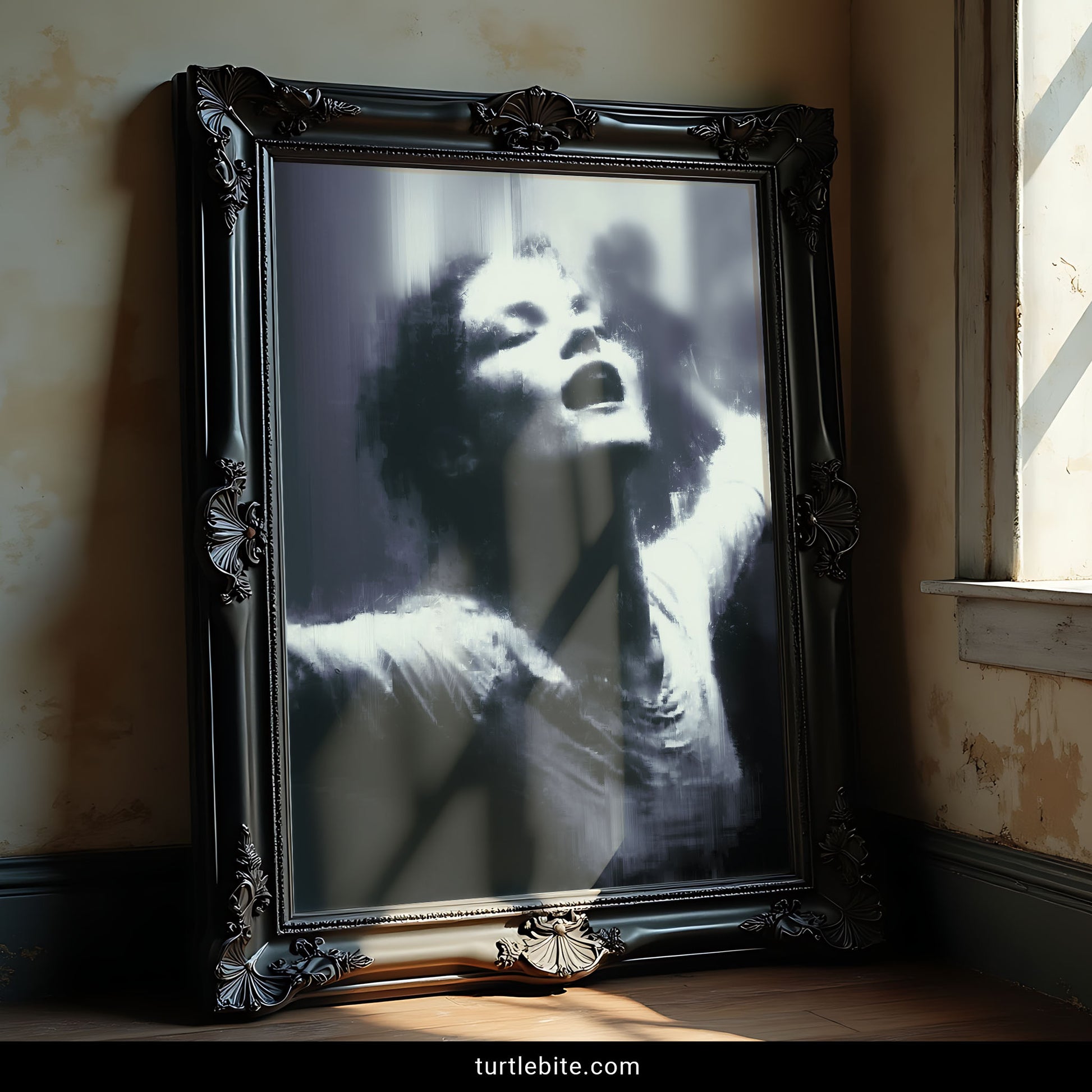 Abstract horror poster showing ghostly female face of vintage film star in monochromatic disturbing nightmare style