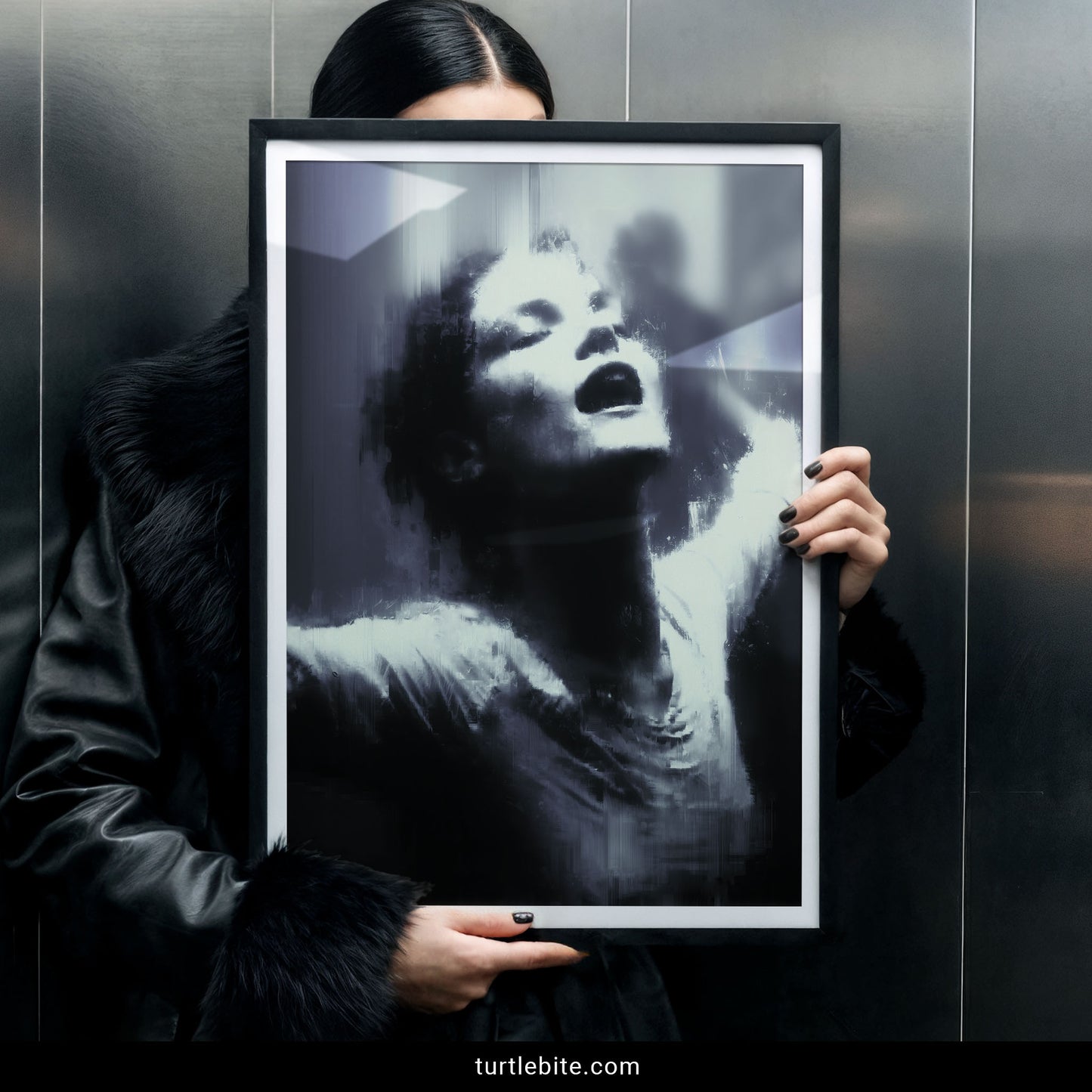 Dark surreal wall art with blurred dancing woman portrait in eerie rain-soaked painting style for gothic decor