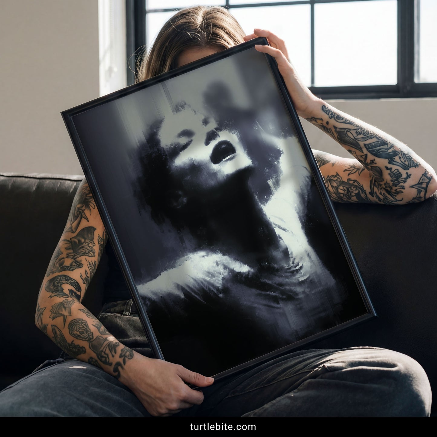 Moody surrealism art print displaying mysterious movie star face with glitch distortion and haunting dancing expression