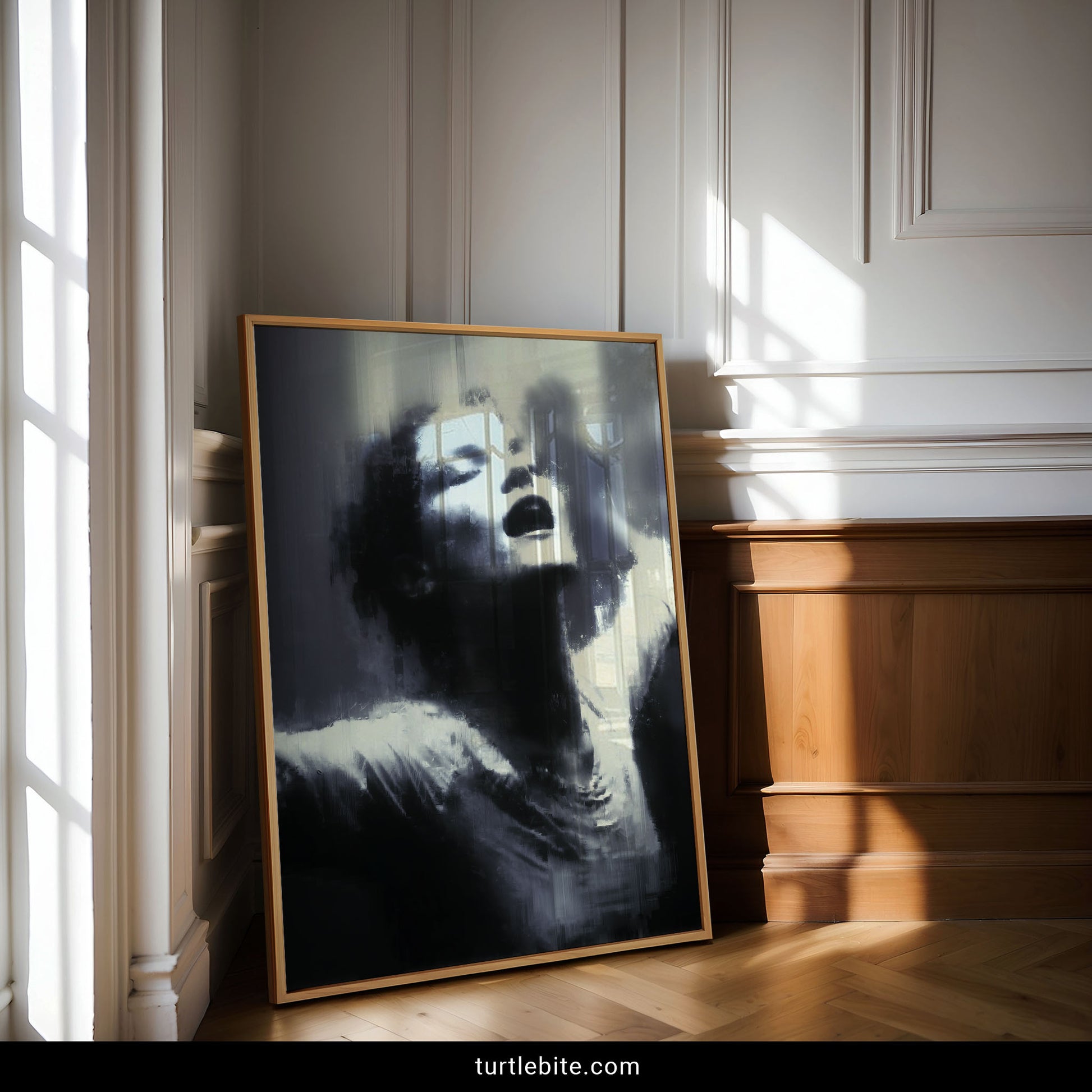 Dark surreal wall art with blurred dancing woman portrait in eerie rain-soaked painting style for gothic decor