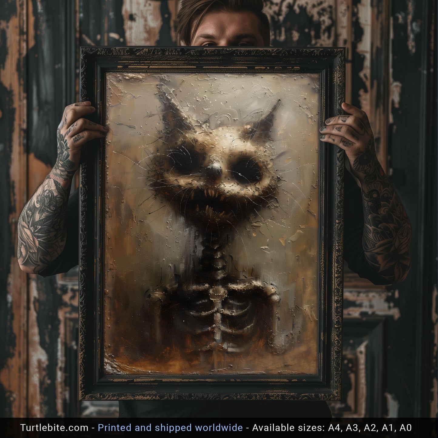 Unique Gritty Skeletal Cat Art Print - Creepy Cat Lover Gift - Spooky Cat Oil Painting