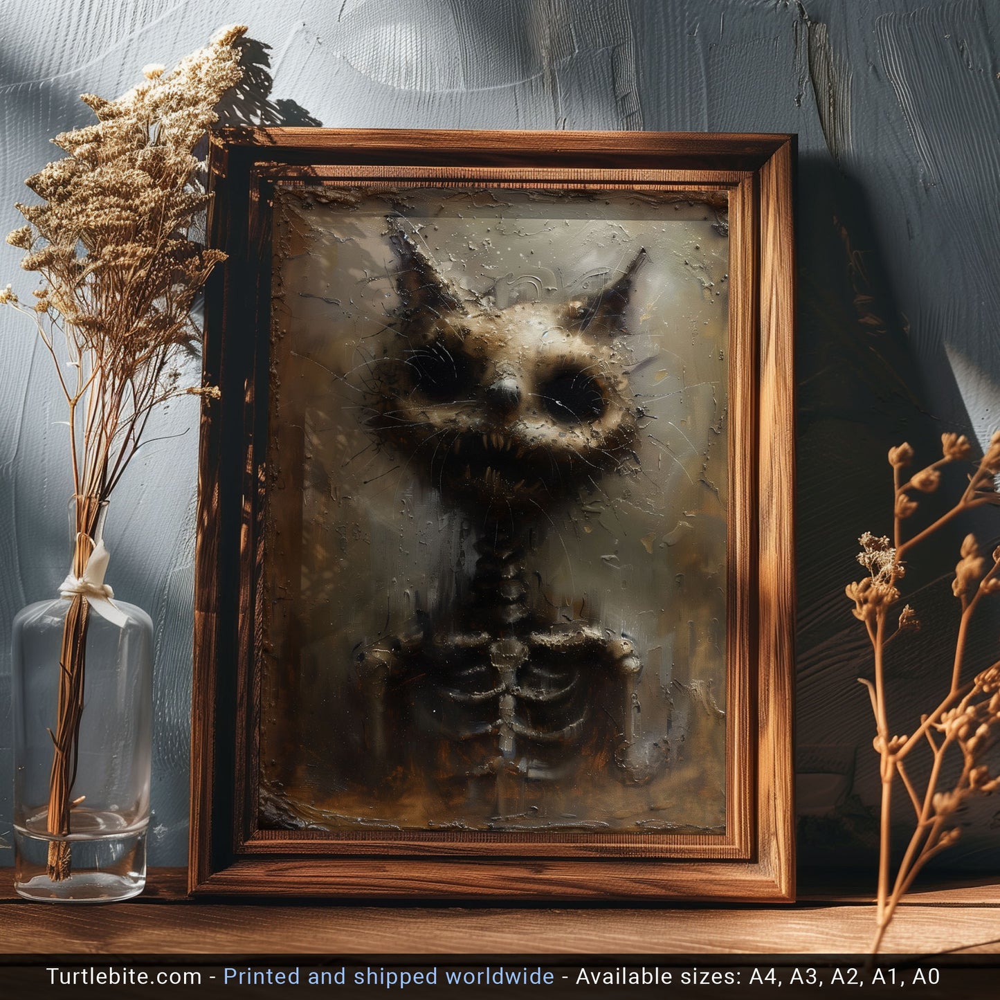 Unique Gritty Skeletal Cat Art Print - Creepy Cat Lover Gift - Spooky Cat Oil Painting