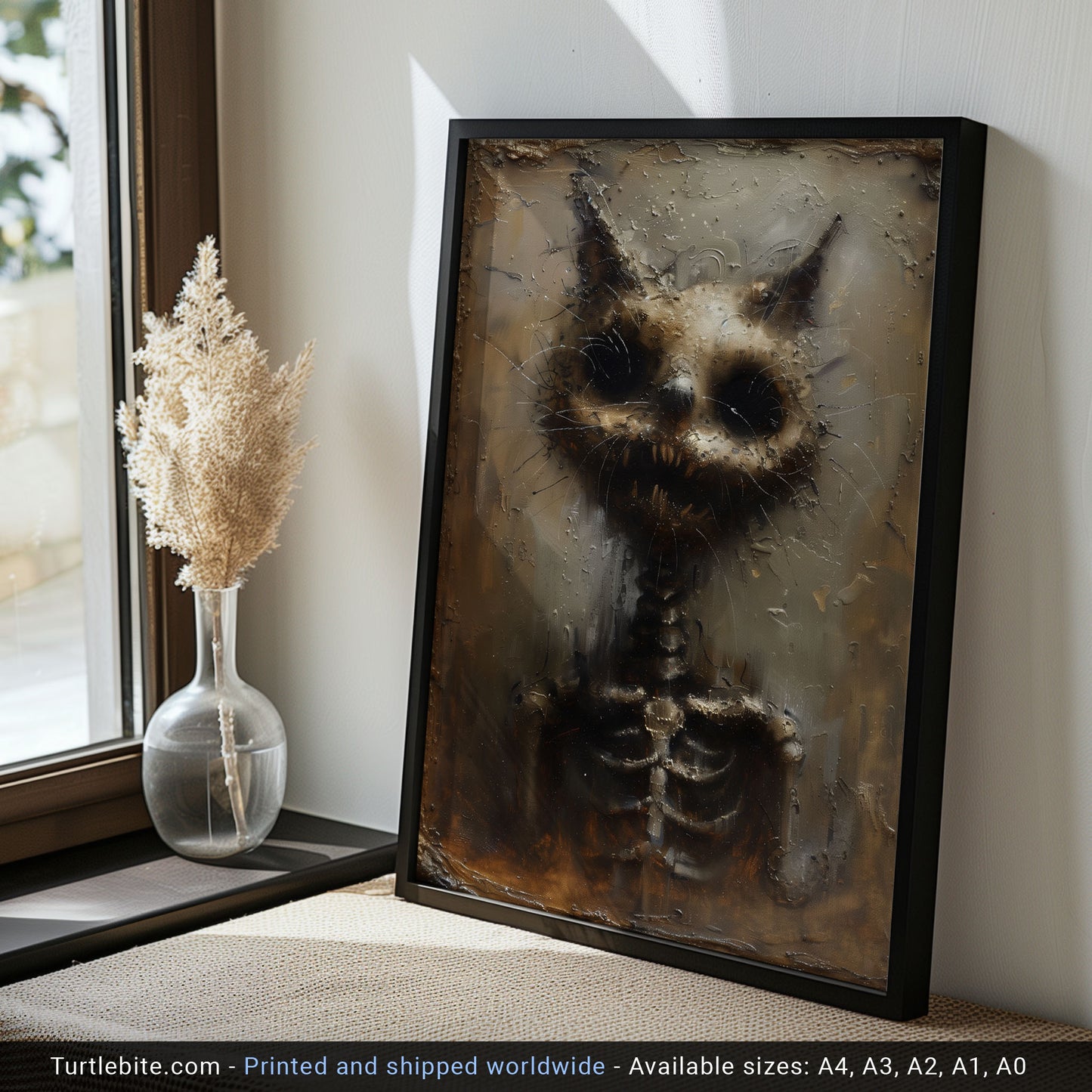 Unique Gritty Skeletal Cat Art Print - Creepy Cat Lover Gift - Spooky Cat Oil Painting