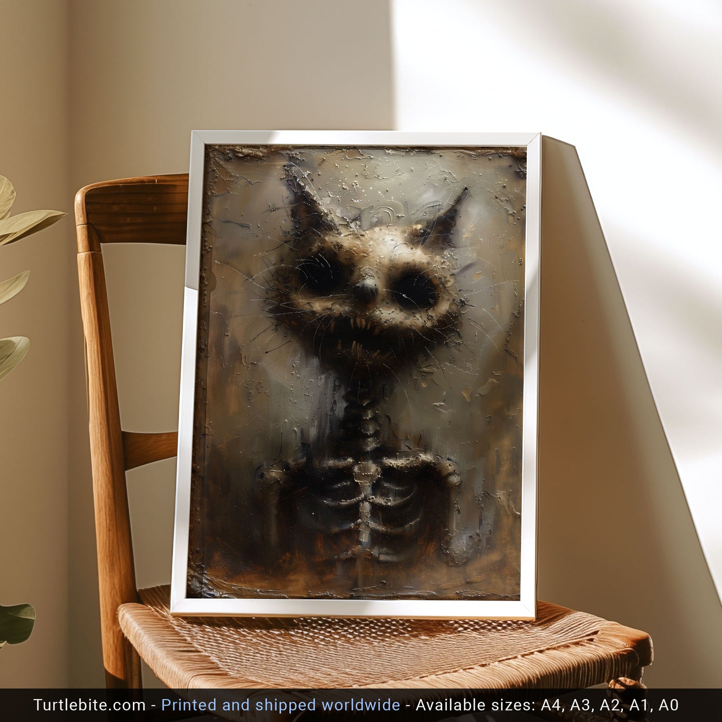 Unique Gritty Skeletal Cat Art Print - Creepy Cat Lover Gift - Spooky Cat Oil Painting