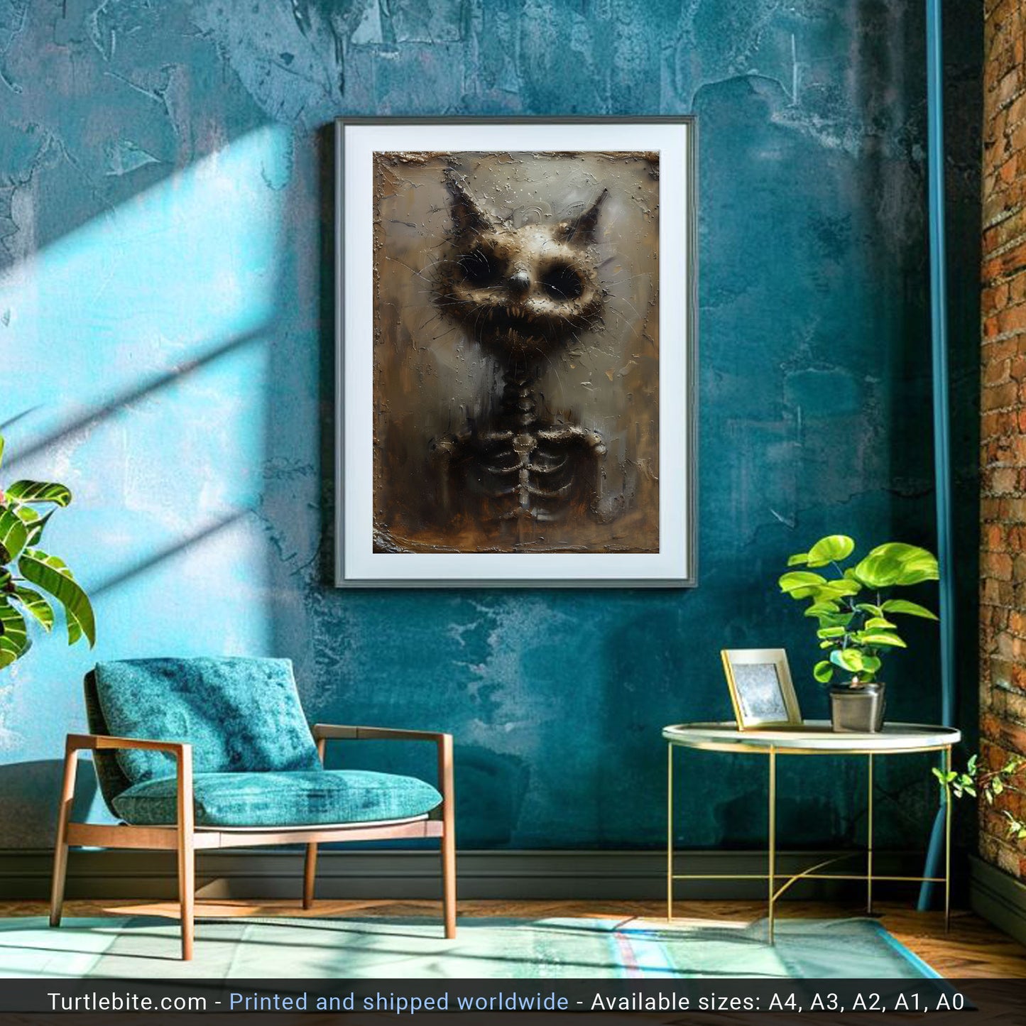 Unique Gritty Skeletal Cat Art Print - Creepy Cat Lover Gift - Spooky Cat Oil Painting