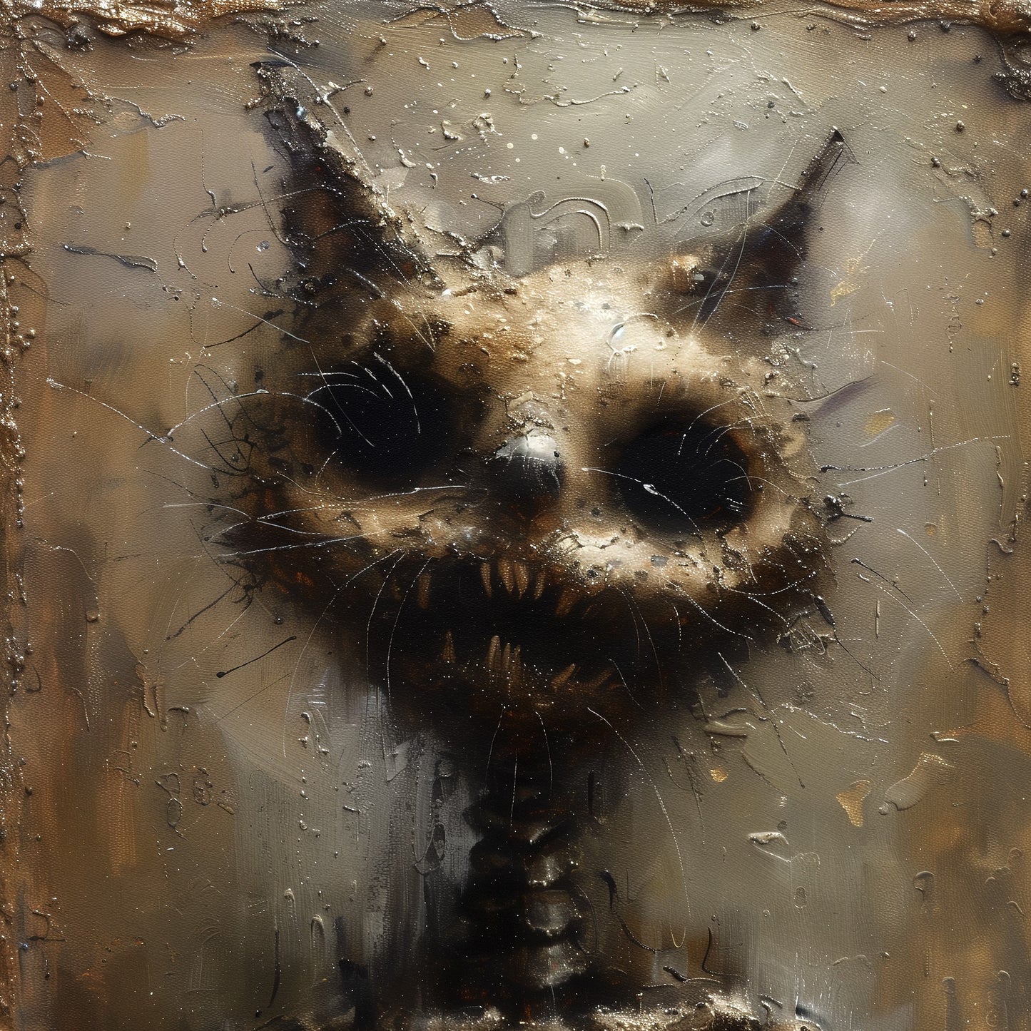 Unique Gritty Skeletal Cat Art Print - Creepy Cat Lover Gift - Spooky Cat Oil Painting